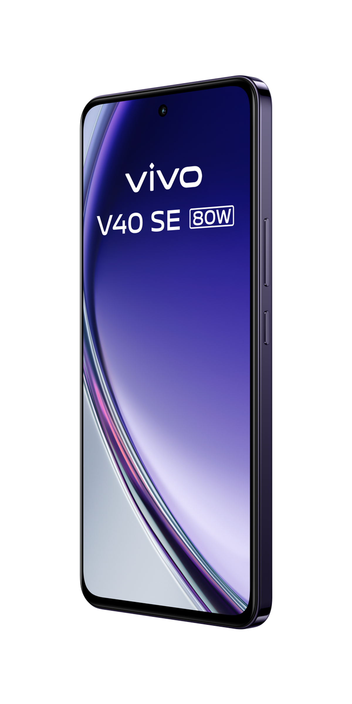 Smartphone, color púrpura, con el texto vivo V40 SE 80W. Fondo negro.