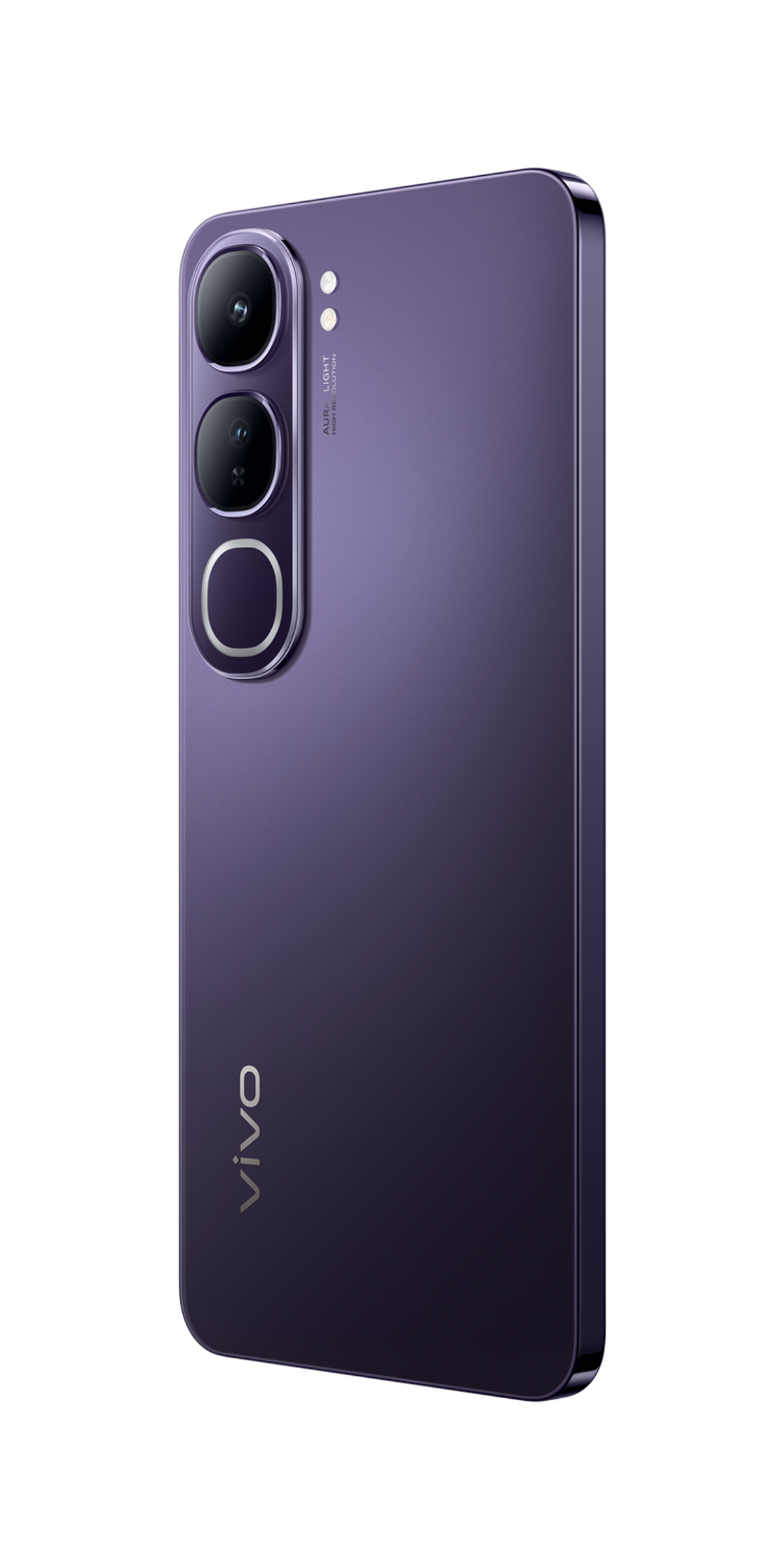 Teléfono morado, vista en ángulo, mostrando lentes de cámara, sobre un fondo negro.