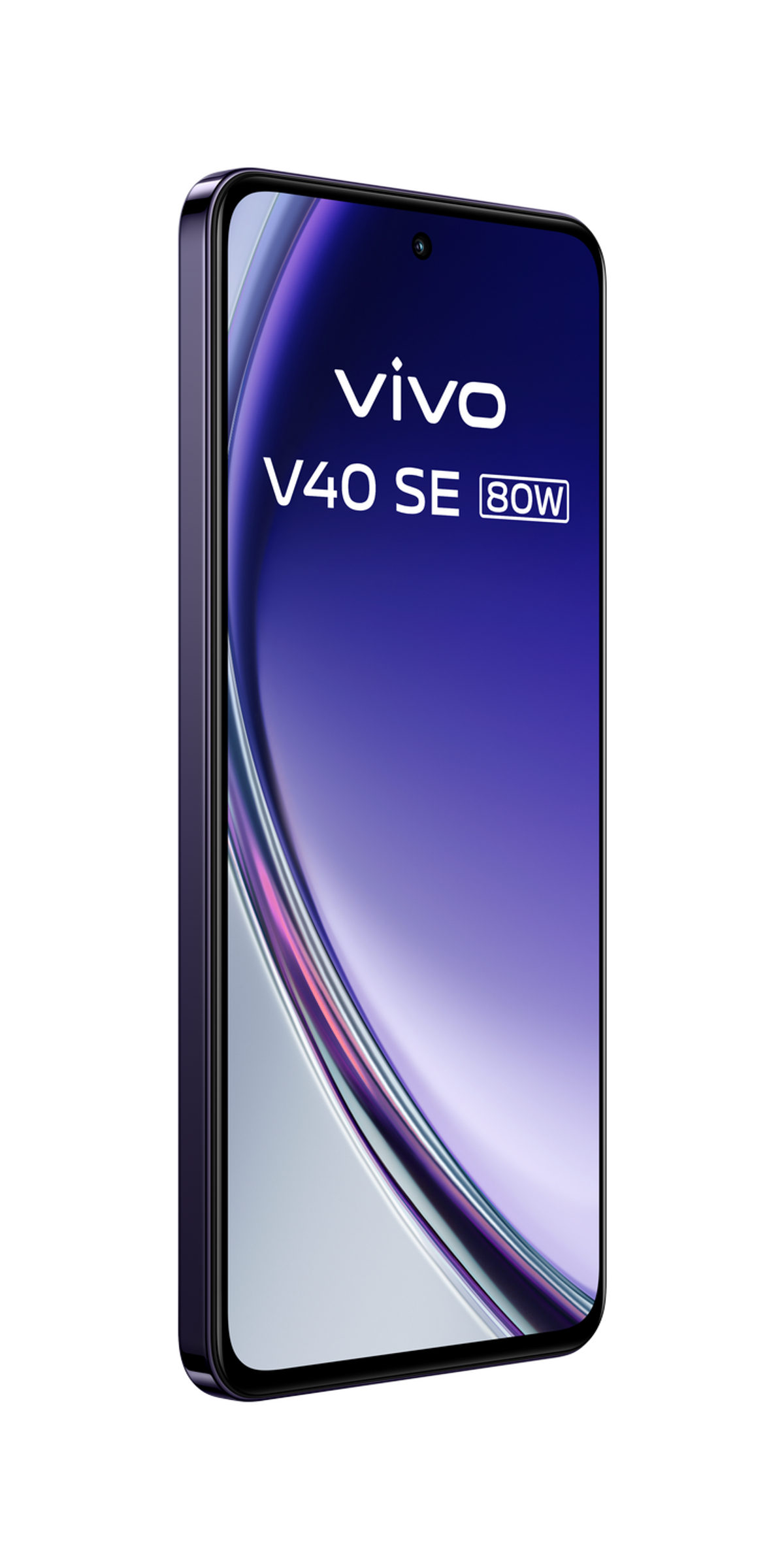 Un teléfono Vivo V40 SE púrpura, en ángulo, con el nombre de la marca y el texto 80W en la pantalla, sobre fondo negro.