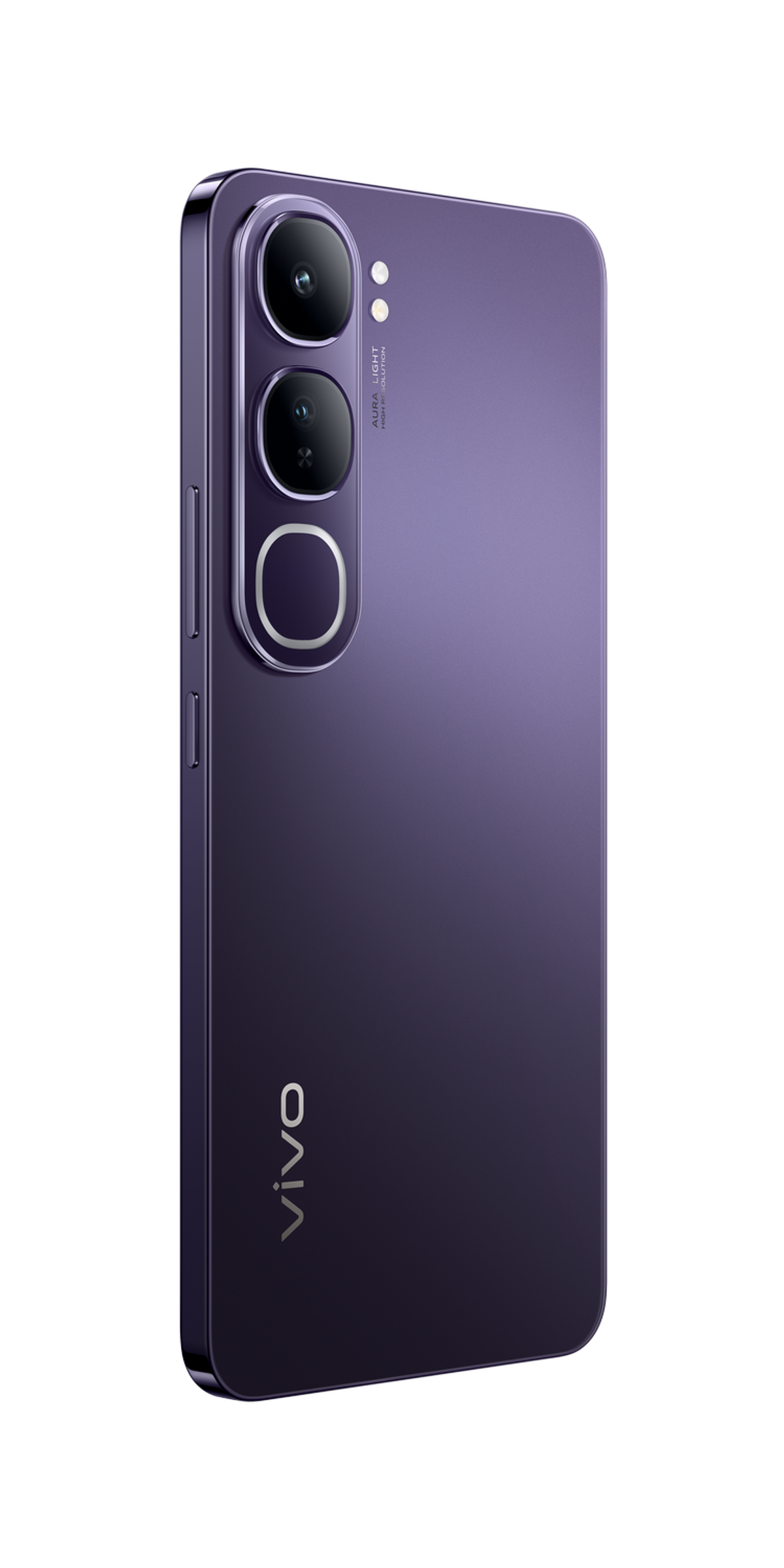Smartphone morado con tres cámaras en la parte trasera y la palabra vivo.
