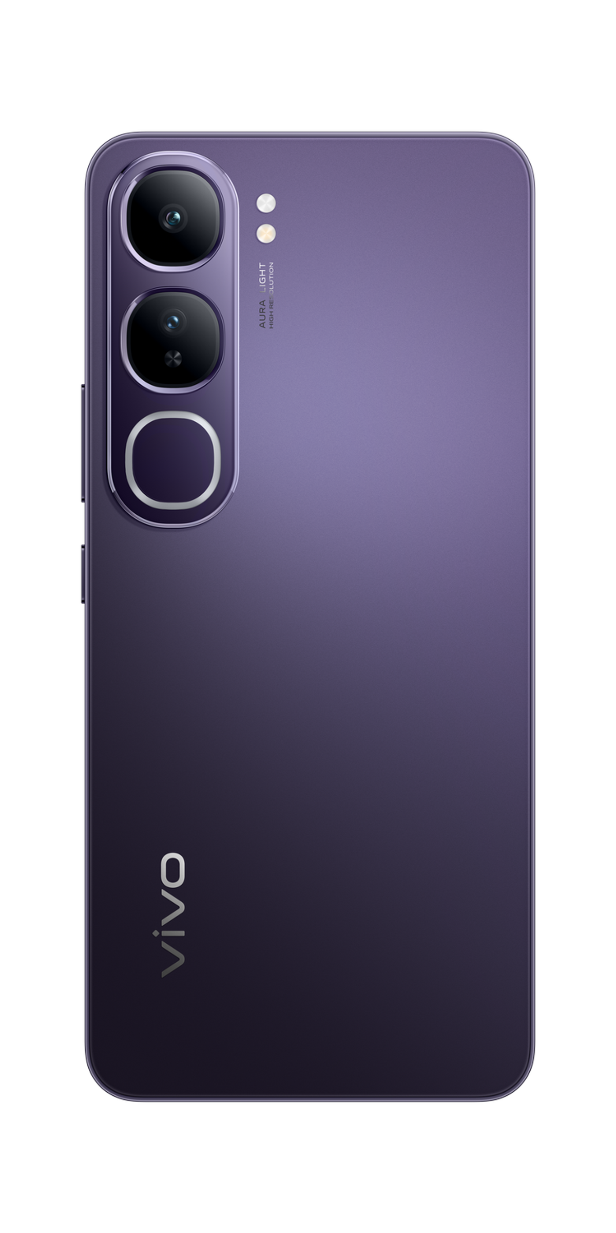 Parte trasera de un teléfono púrpura con lentes de cámara y marca Vivo sobre fondo negro.