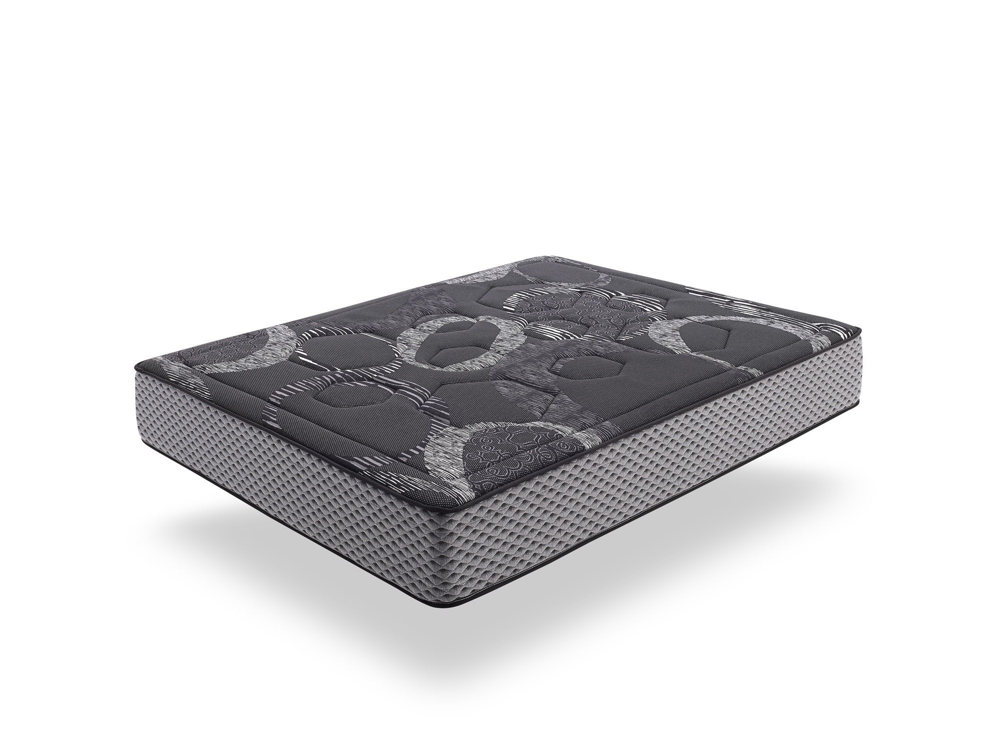 Un colchón de cama doble con una parte superior estampada gris sobre un fondo blanco, con ribete negro.