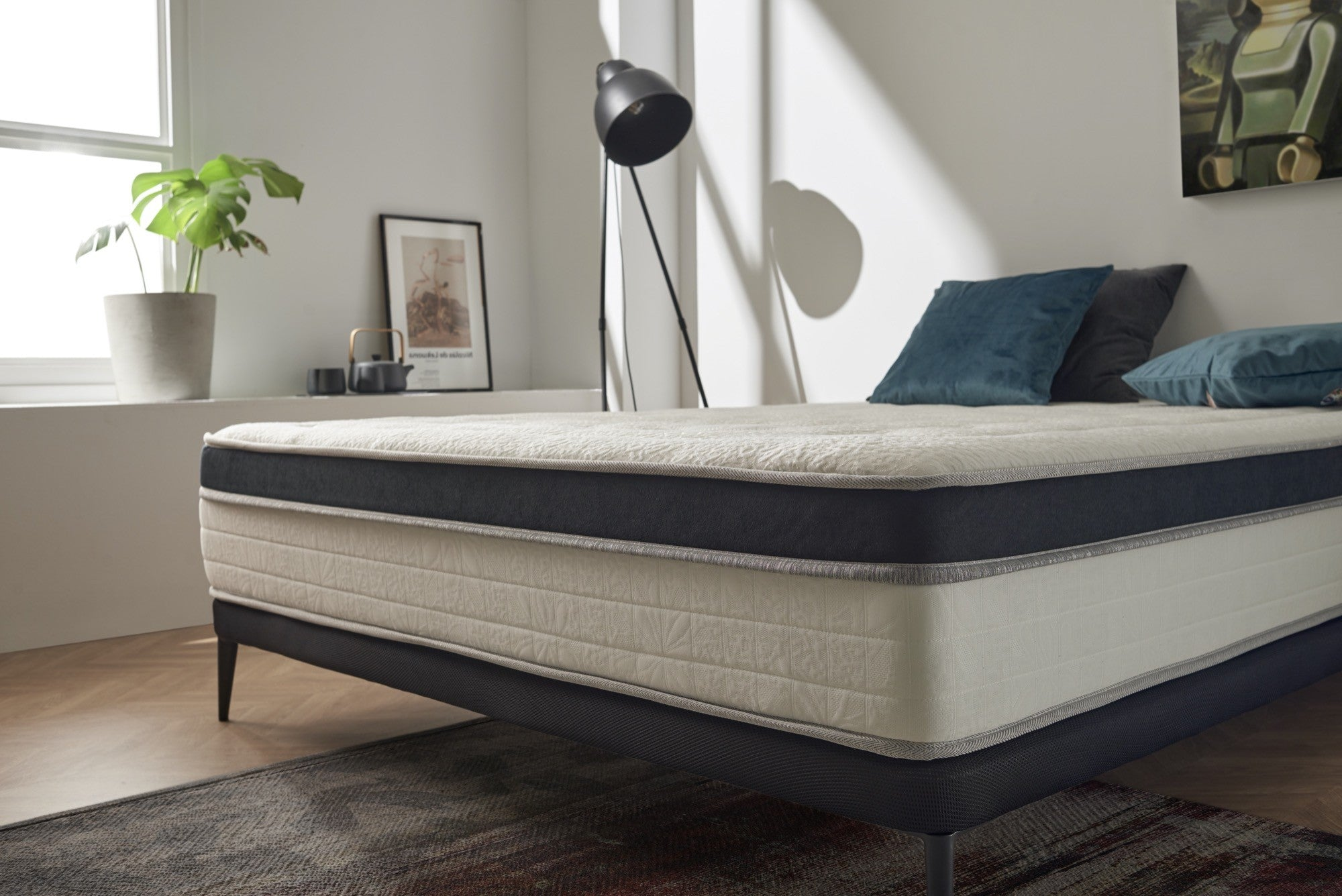 Dormitorio con colchón, planta, obra de arte, lámpara de pie y almohada azul. Paredes blancas y suelo oscuro.