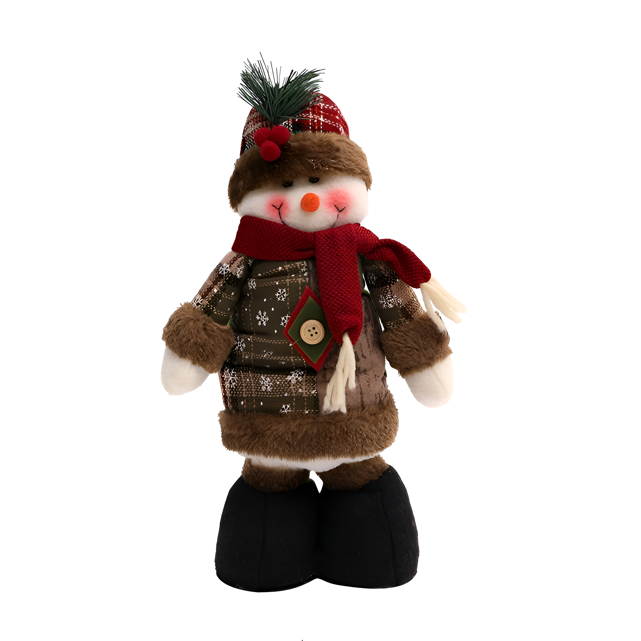 Ein Schneemann-Plüschtier mit Hut, Schal und Mantel vor weißem Hintergrund.