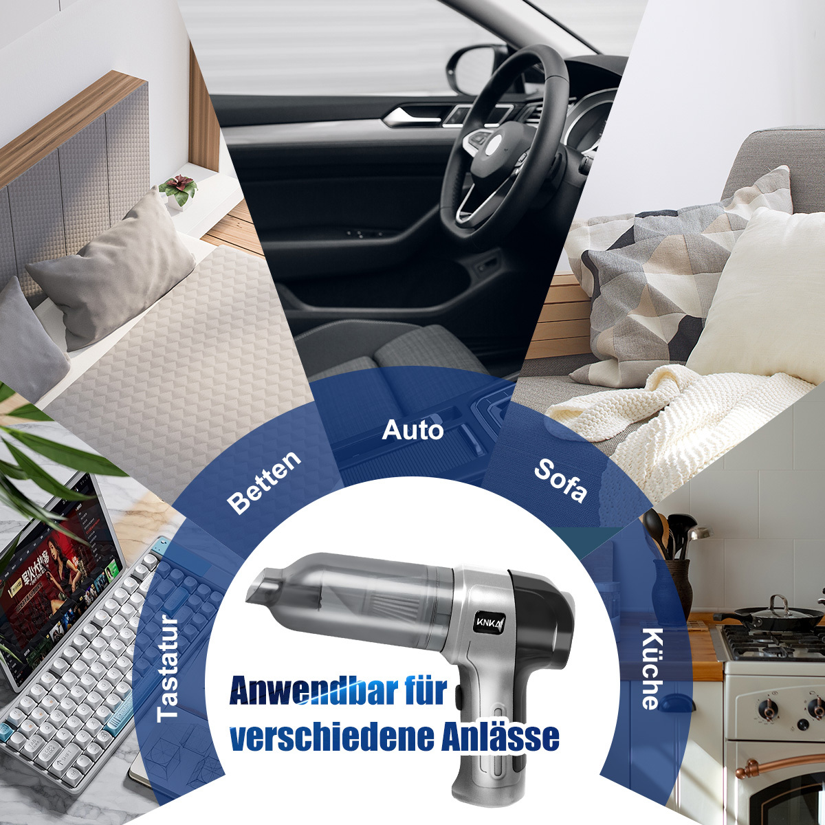 Ein Staubsauger, der seine Anwendungen demonstriert: Bett, Auto, Sofa, Küche und ein Laptop mit Tastatur. Text: Anwendbar für verschiedene Anlässe.
