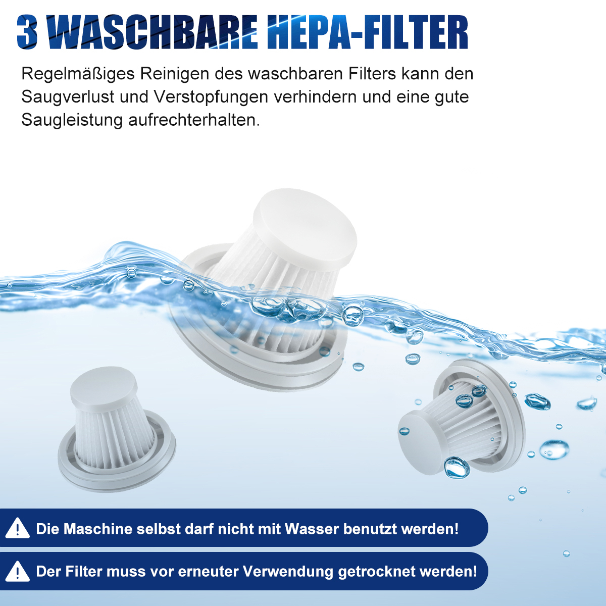 Drei weiße HEPA-Filter mit Wassertropfen um sie herum. Deutscher Text ist vorhanden.