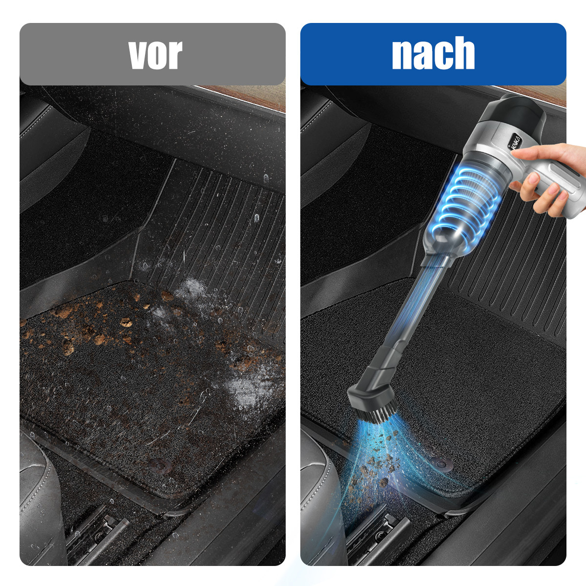 Vorher und nachher Autoteppichreinigung. Ein schmutziger Fußraumteppich vs. ein Staubsauger in Aktion.