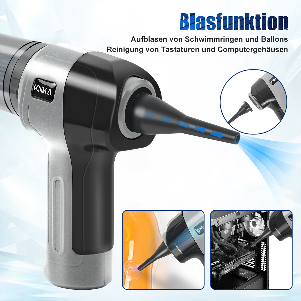 Ein grau-schwarzer Handluftstaubsauger. Blaue Luft wird aus der Düse geblasen.