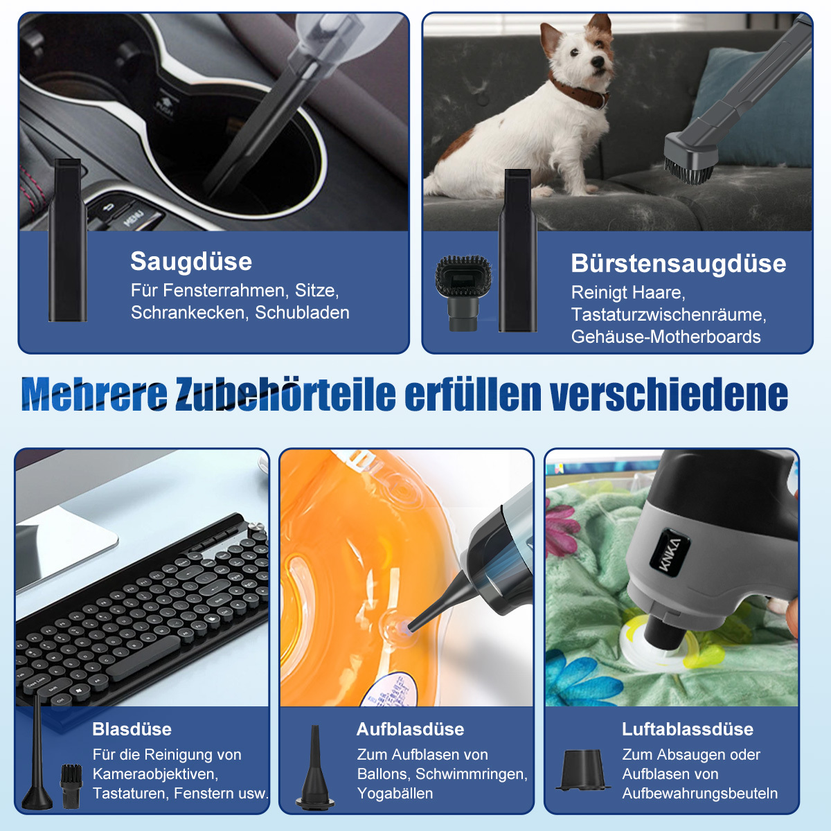 Verschiedene Staubsaugeraufsätze und ein Hund, die verschiedene Reinigungsfunktionen veranschaulichen.