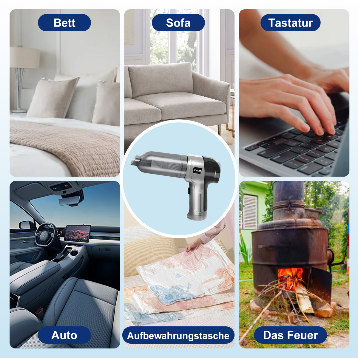 Sechs Bilder, die einen Staubsauger und seine Verwendung zeigen. Beinhaltet die Reinigung von Bett, Sofa und Auto.