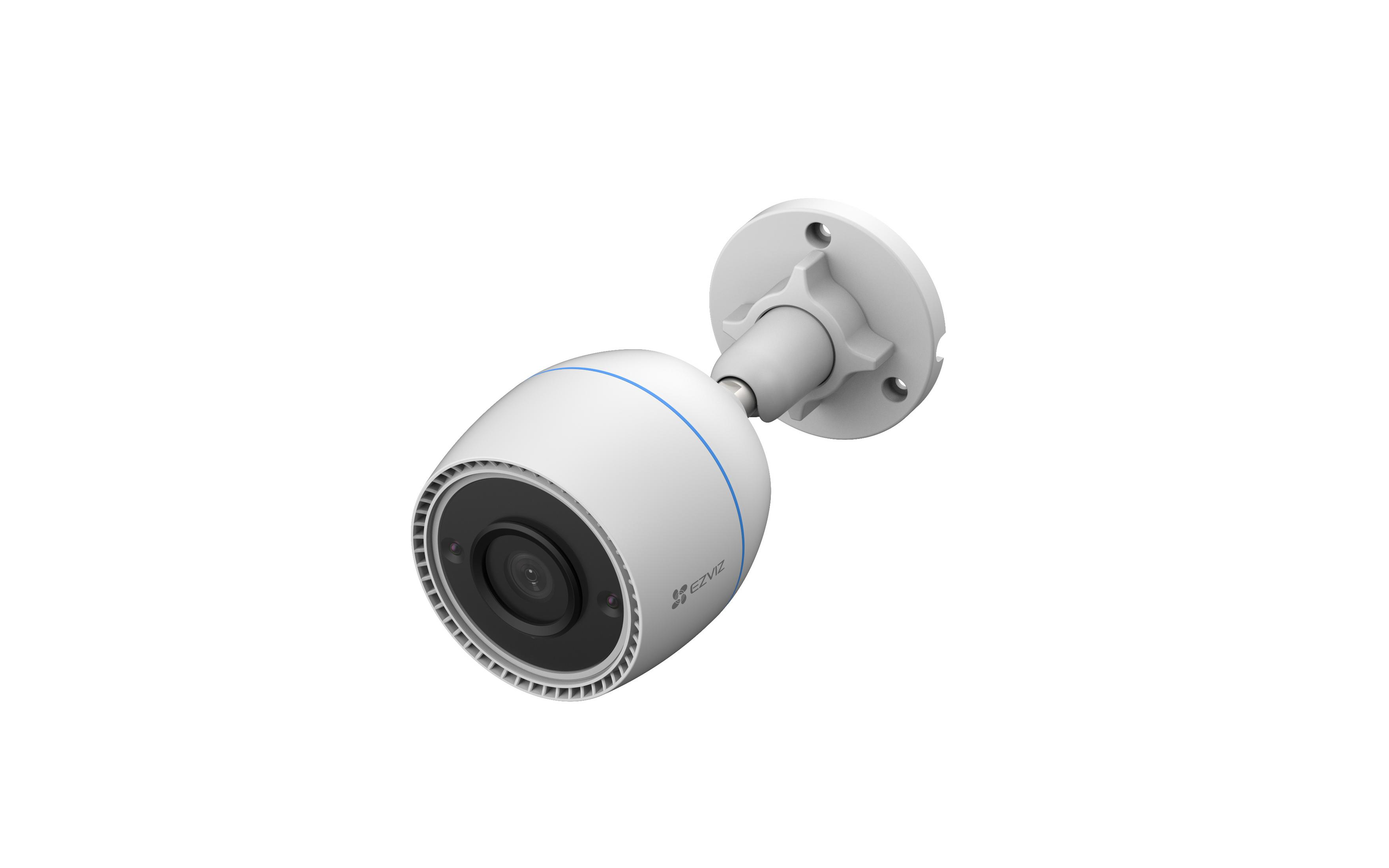 Telecamera di sicurezza bianca su sfondo bianco, con un accento blu.