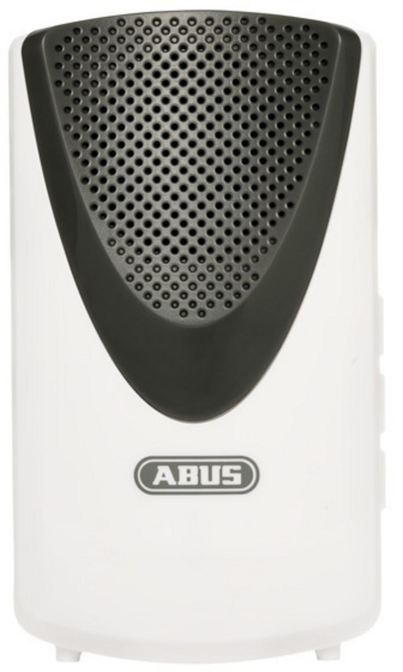 Allarme ABUS bianco con copertura altoparlante nera e logo.