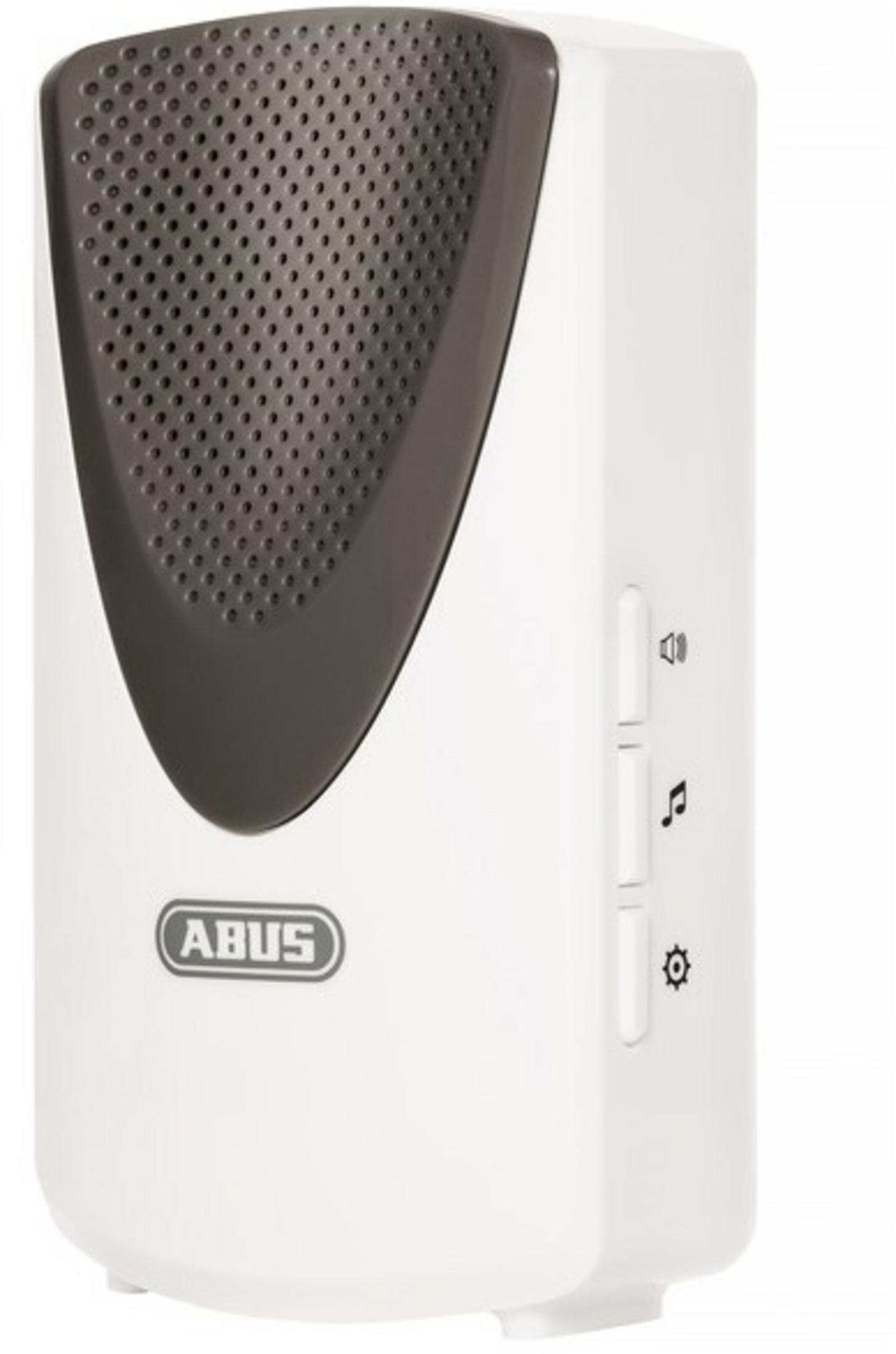 Campanello ABUS bianco, con altoparlante e pulsanti grigi. ABUS è scritto sopra.