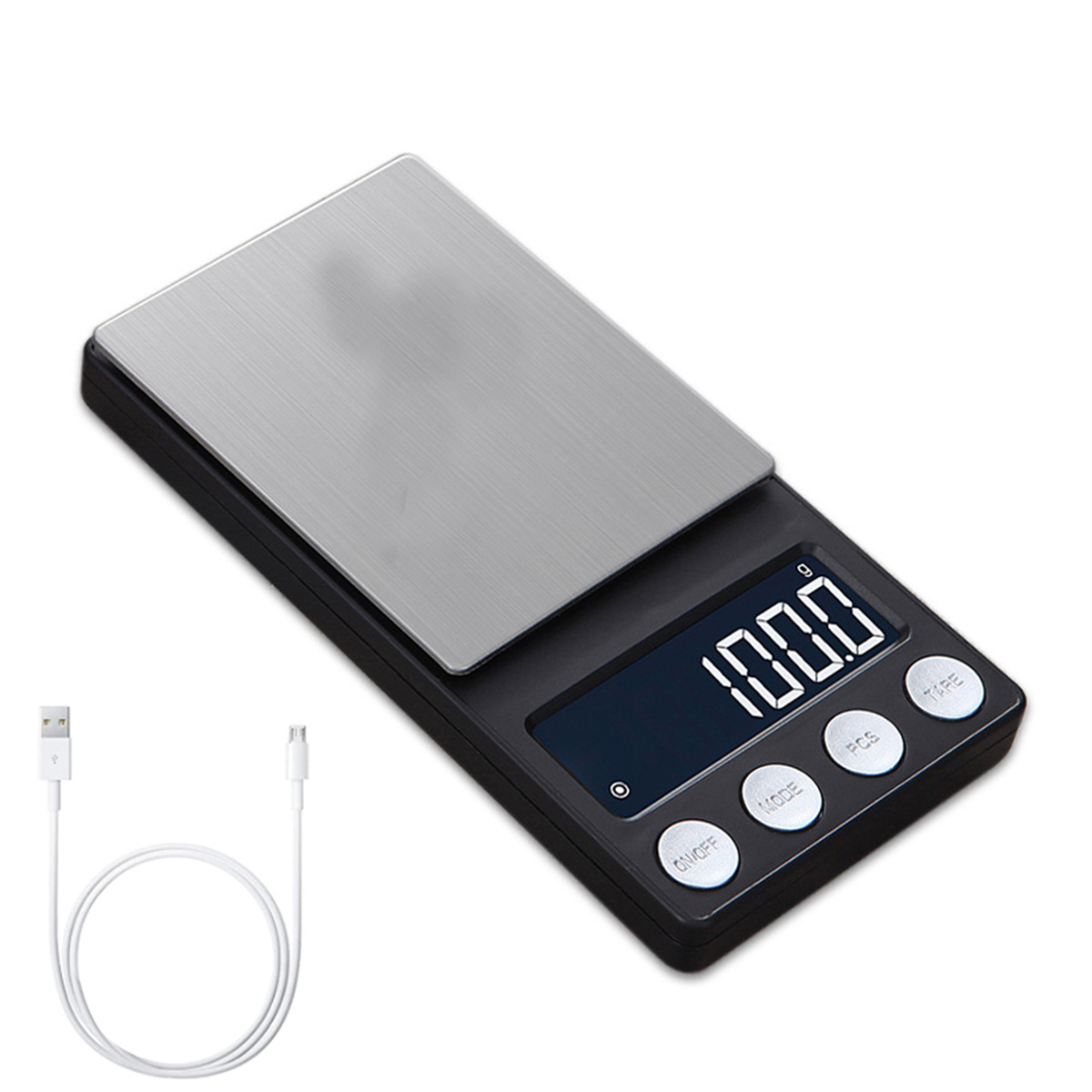 Eine Digitalwaage mit weißem USB-Kabel und kleinem Bildschirm mit 100,0 g.
