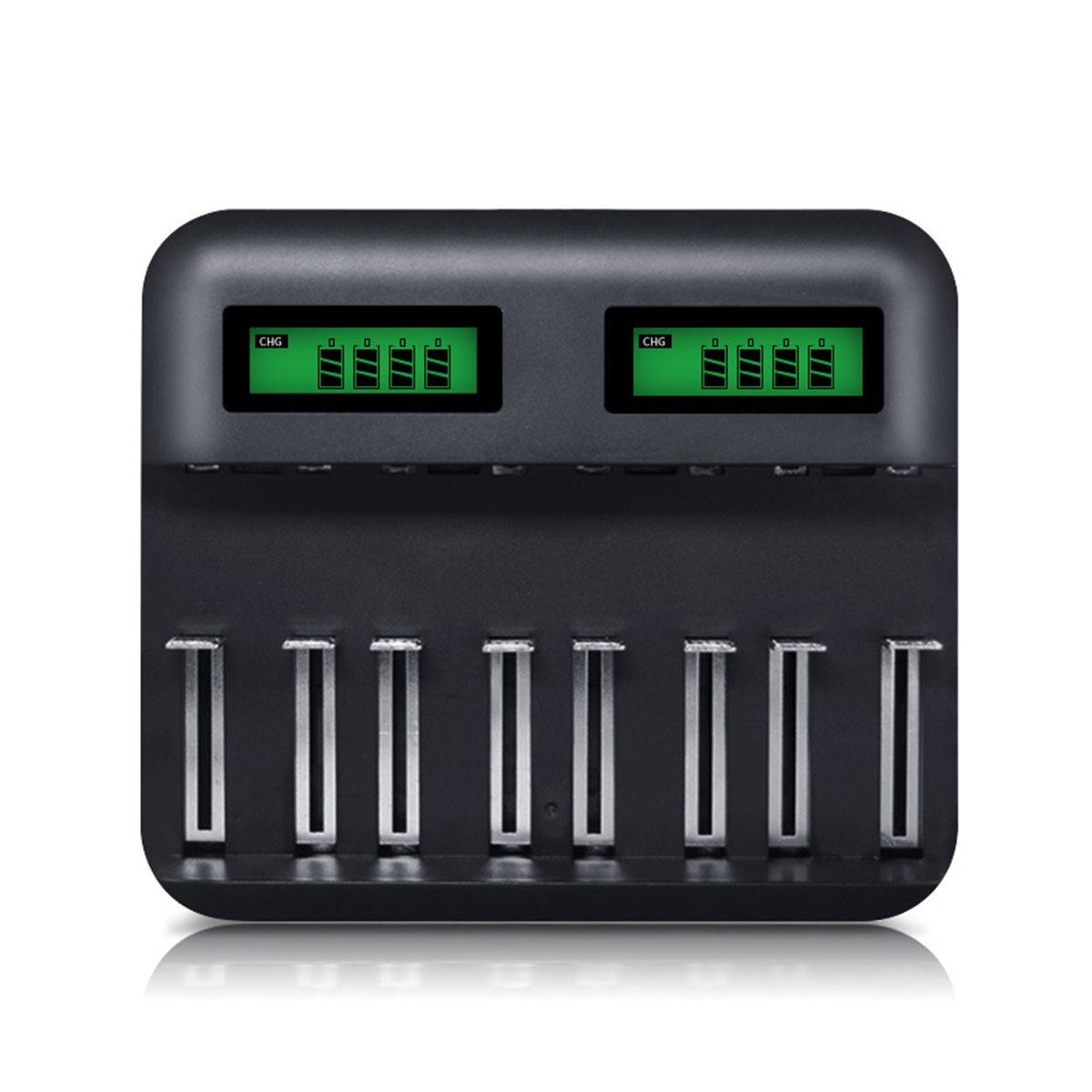 Schwarzes Batterieladegerät mit grüner Anzeige und Ladezuständen.