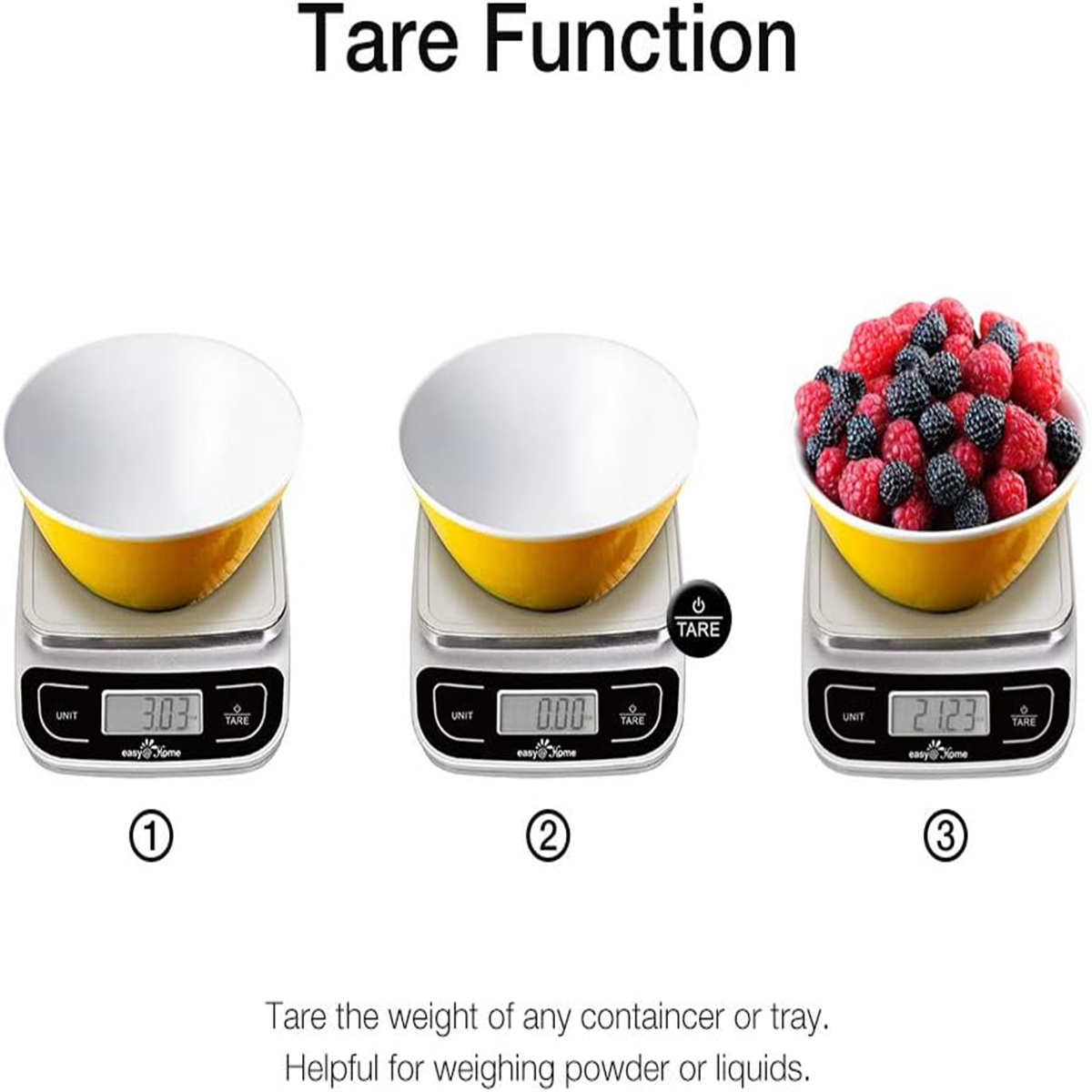 Drei gelbe Schalen auf Digitalwaagen: leer, auf Null tariert und voller Beeren.