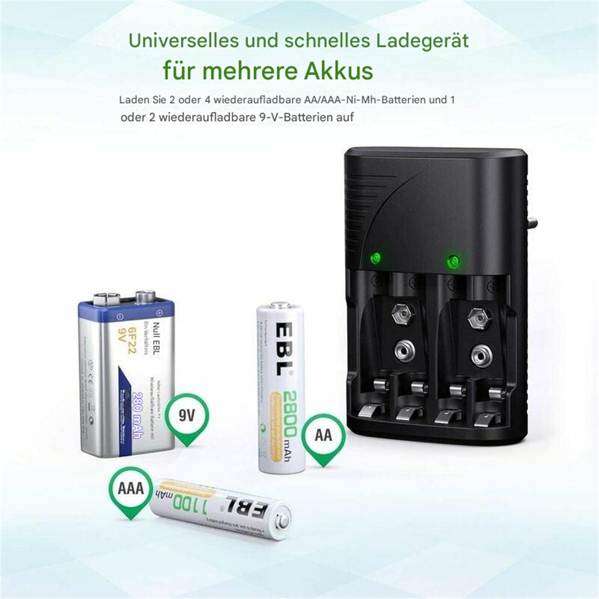 Batterieladegerät mit verschiedenen Batterien. Enthält 9V, AA und AAA Batterien.