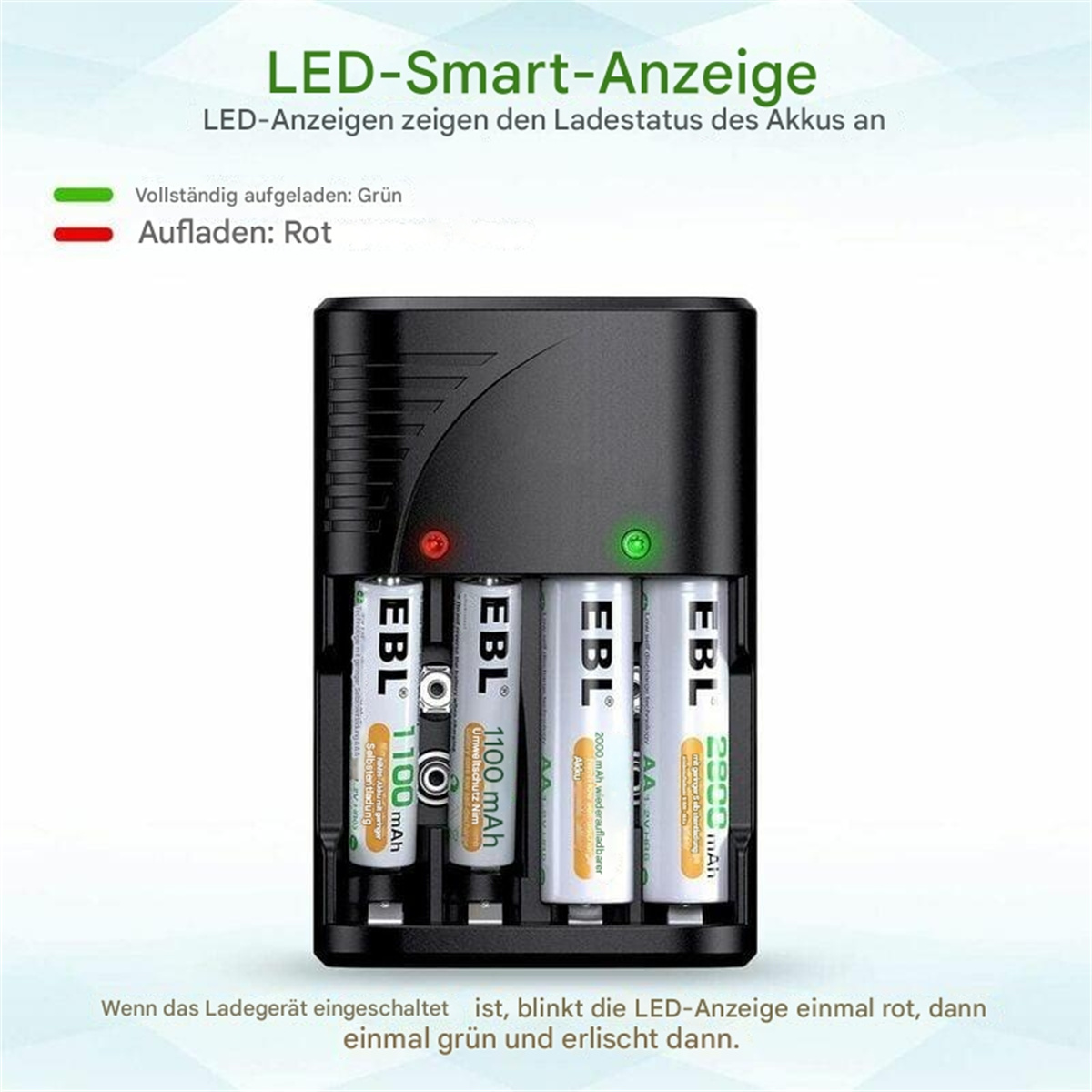 Ein schwarzes Batterieladegerät mit Batterien und LED-Anzeigen, die den Ladestatus anzeigen.