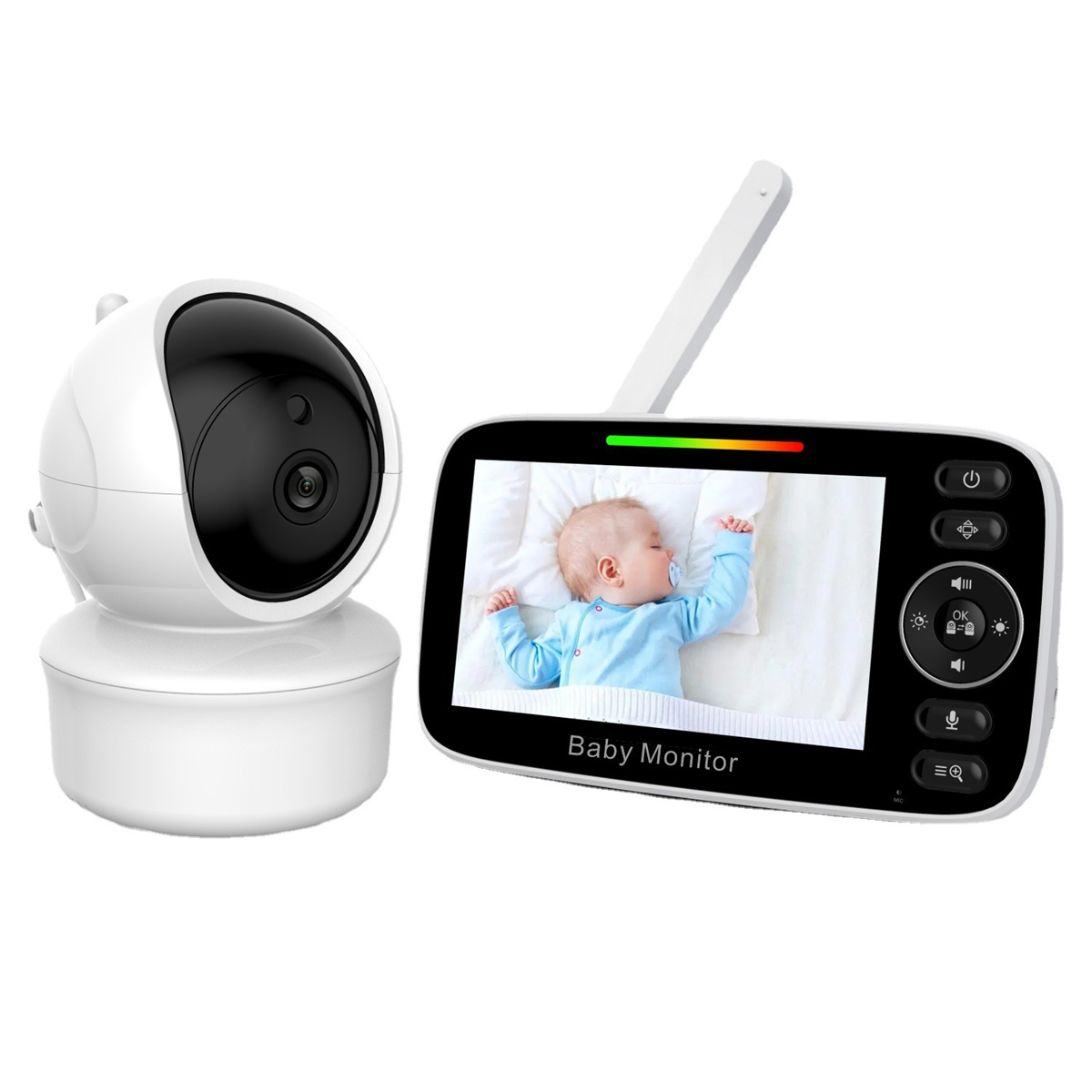 Babyphone mit Bildschirm, der ein liegendes Baby zeigt, neben der Kameraeinheit.