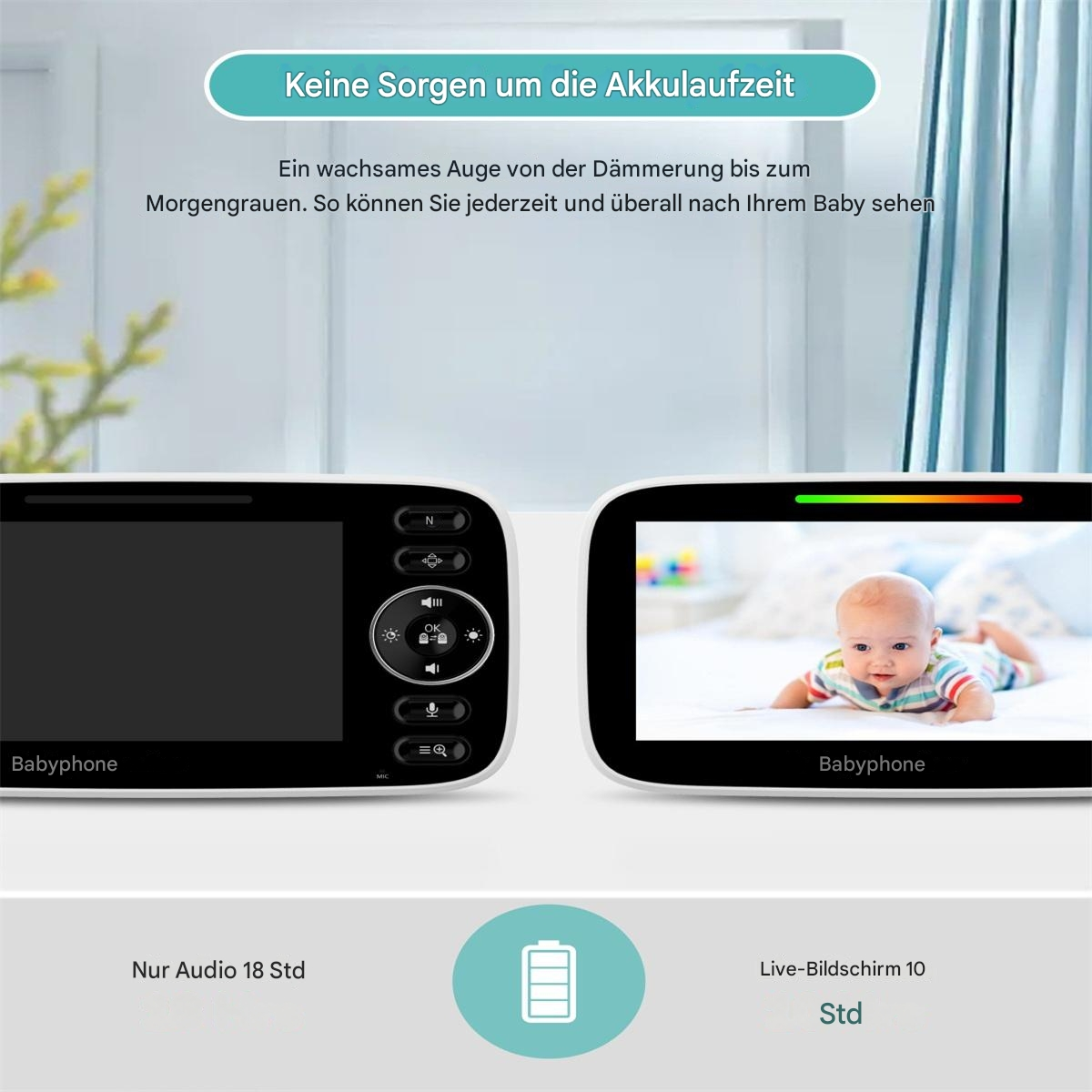 Zwei Babyphone, eines zeigt ein Baby auf dem Bildschirm, das andere hat Knöpfe.