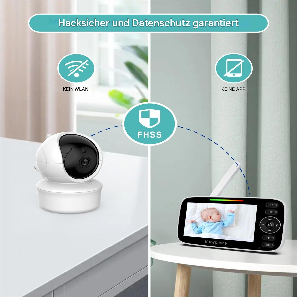 Babyphone mit Kamera und Bildschirm mit Baby. Symbole zeigen kein WLAN und keine App-Nutzung an.