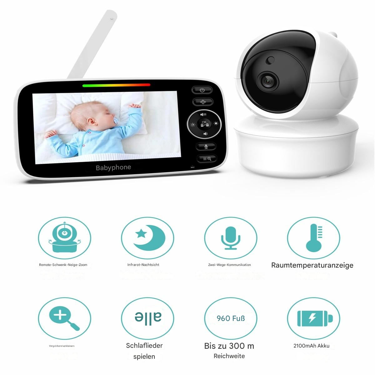 Babyphone mit Baby im Bildschirm, Kamera rechts und Symbolen unten. Weißer Hintergrund.