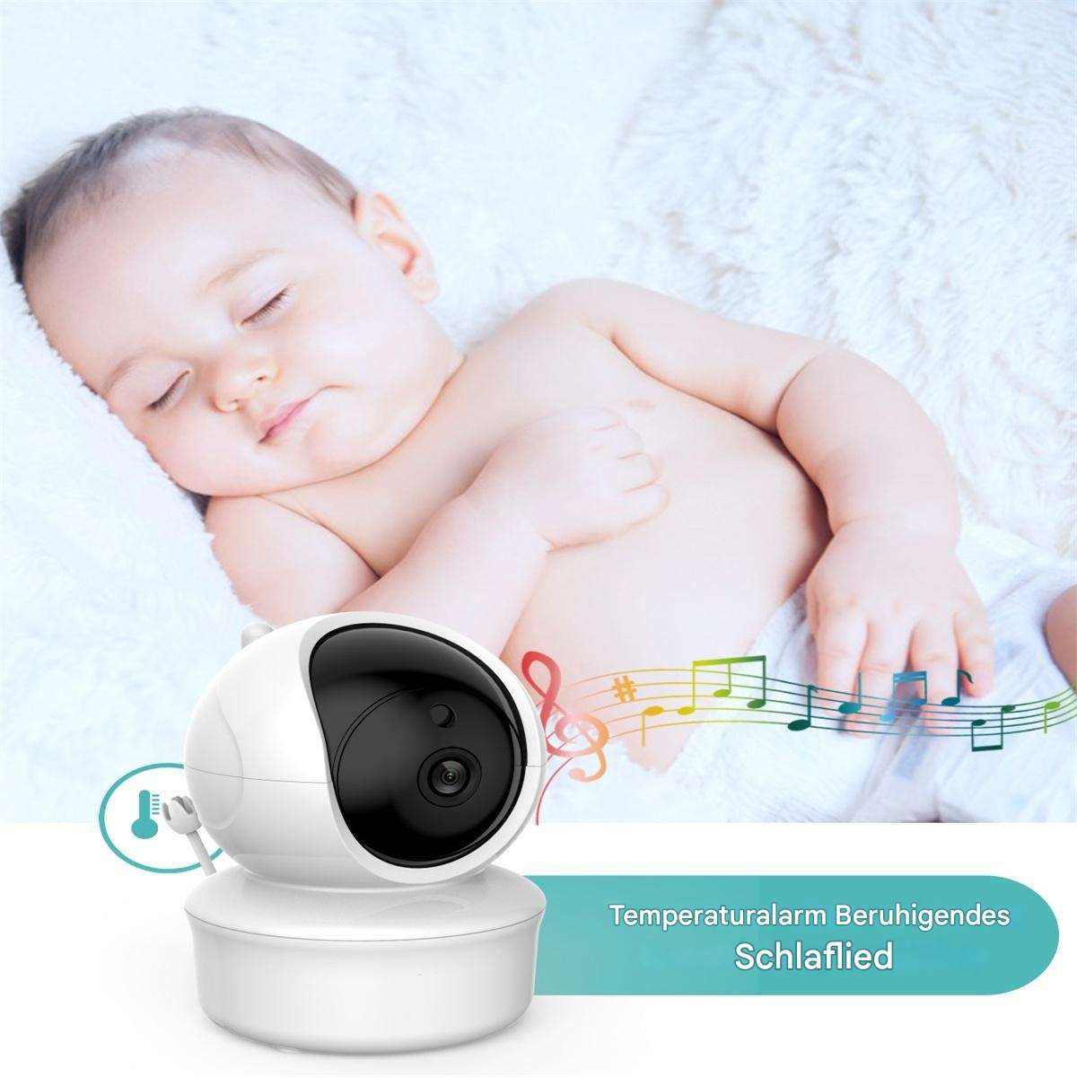 Ein Baby schläft neben einem Babyphone. Text sagt: Temperaturalarm, Schlaflied.