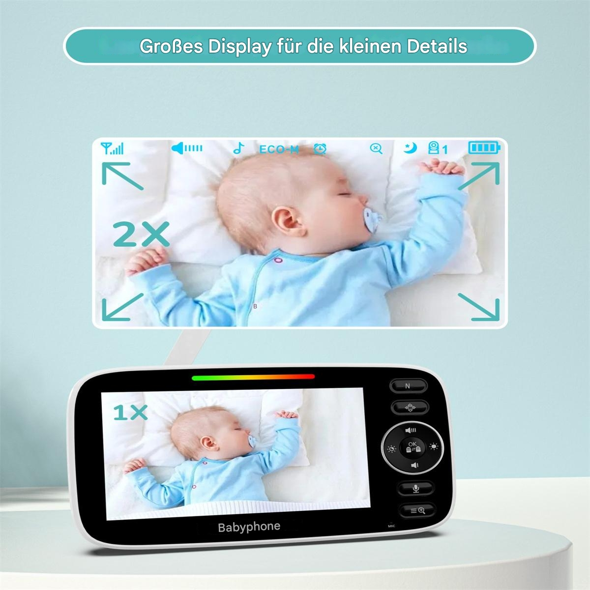 Babyphone mit schlafendem Baby im Kinderbett, mit Display und Bedienfeld.