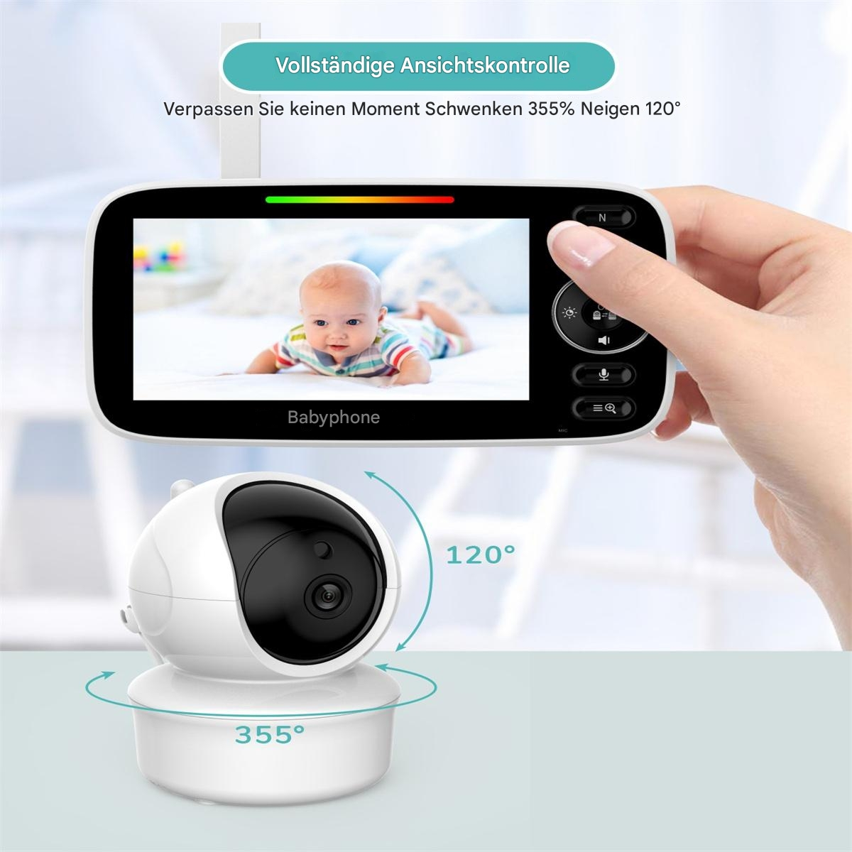 Ein Babyphone mit Baby auf dem Bildschirm und Kamera darunter.