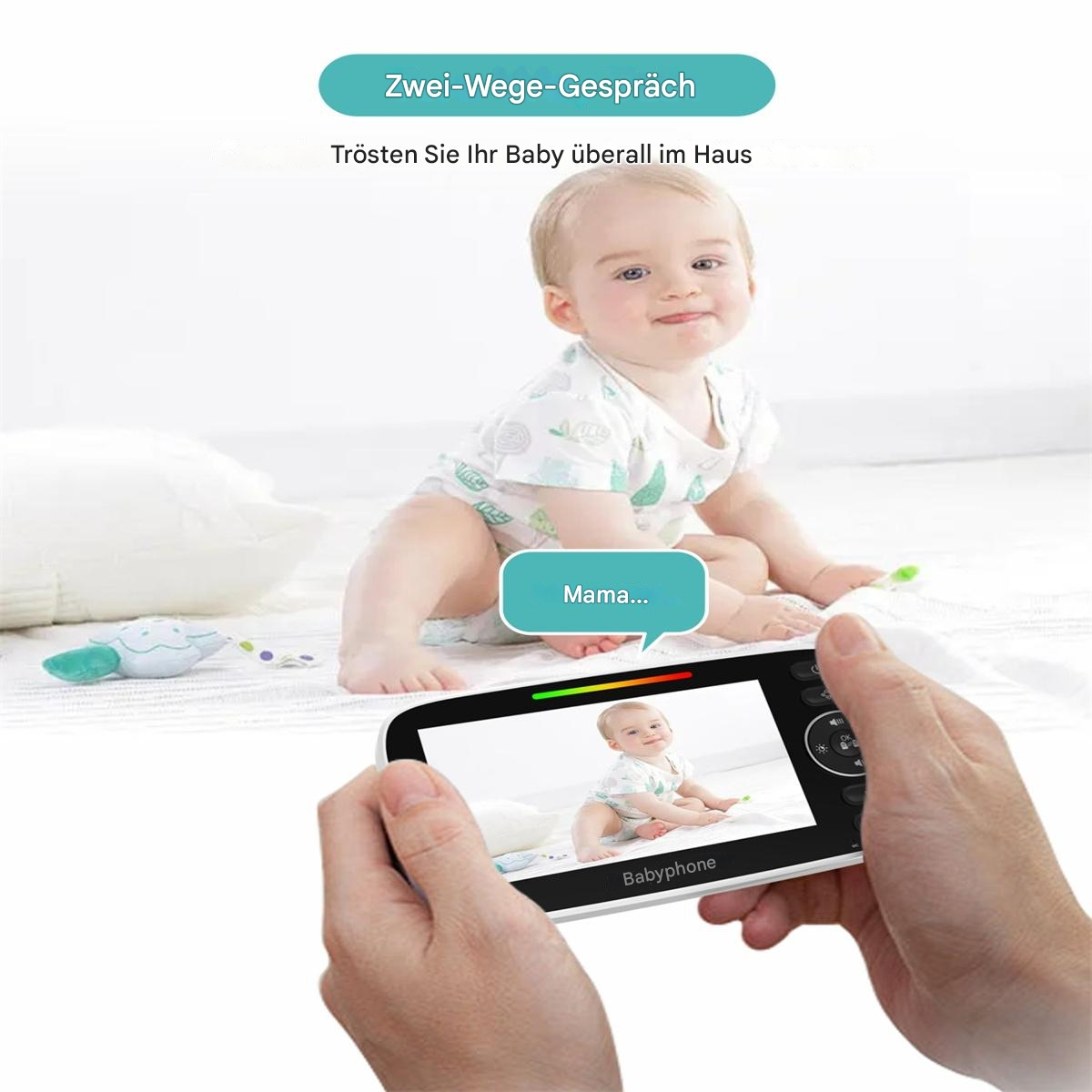 Baby schaut auf einen Videomonitor in den Händen einer Person. Text im Monitor.
