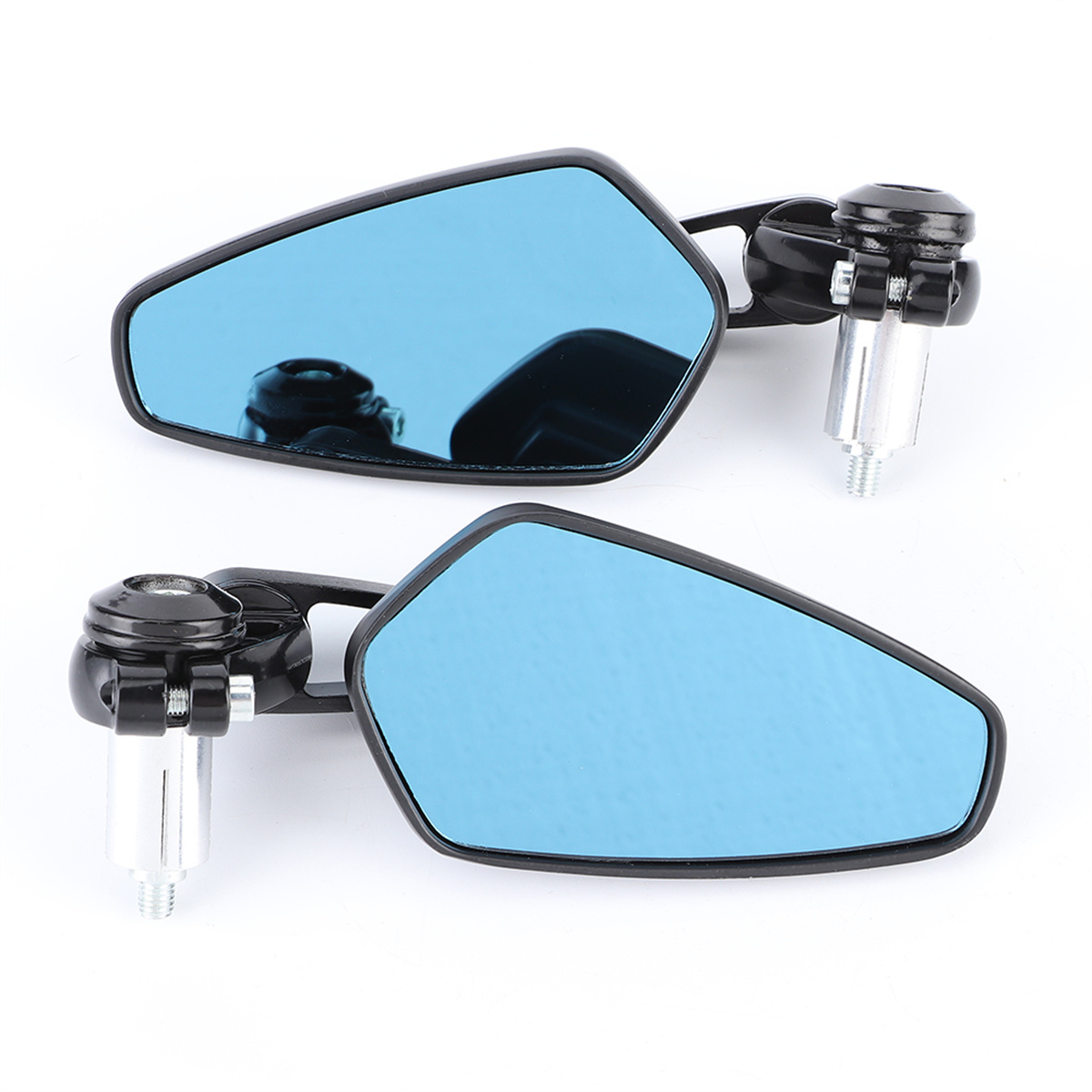 Zwei Motorradspiegel mit blau getönten Gläsern, schwarzen Rahmen und silbernen Halterungen.
