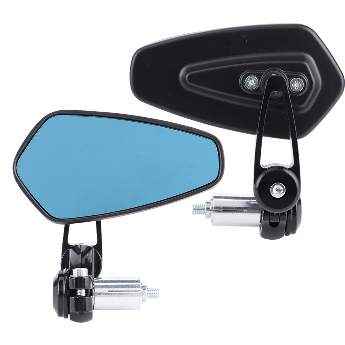 Zwei Motorradspiegel mit schwarzen Rahmen und blau getöntem Glas, weißer Hintergrund.