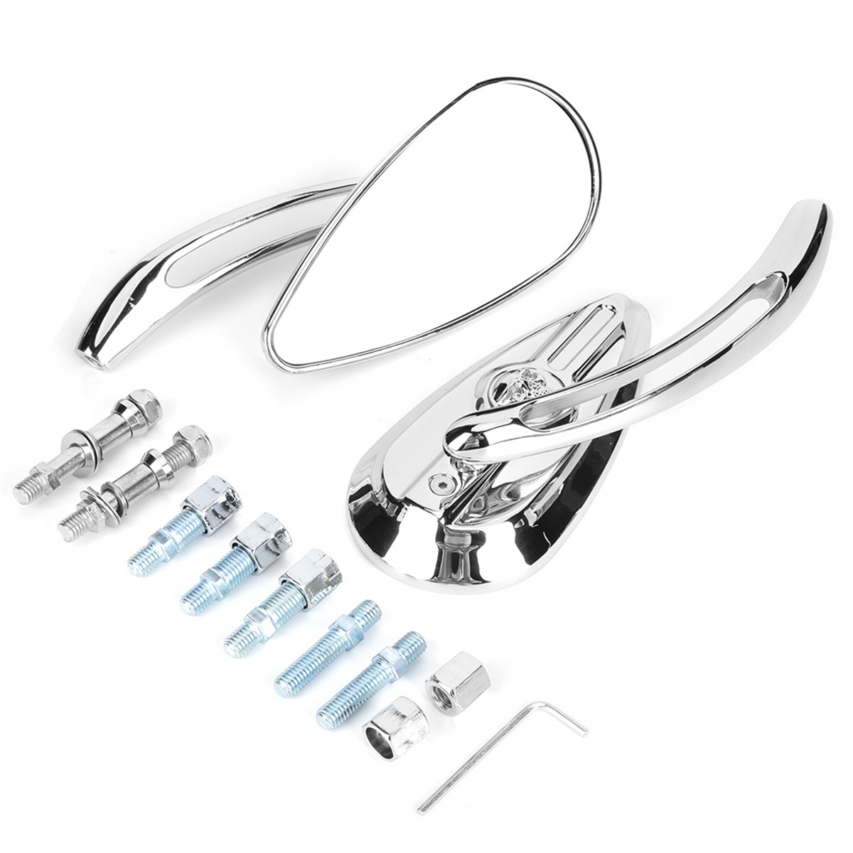 Chrom-Motorradspiegel und -Hardware. Das Set enthält Spiegel, Schrauben und einen Schraubenschlüssel vor weißem Hintergrund.