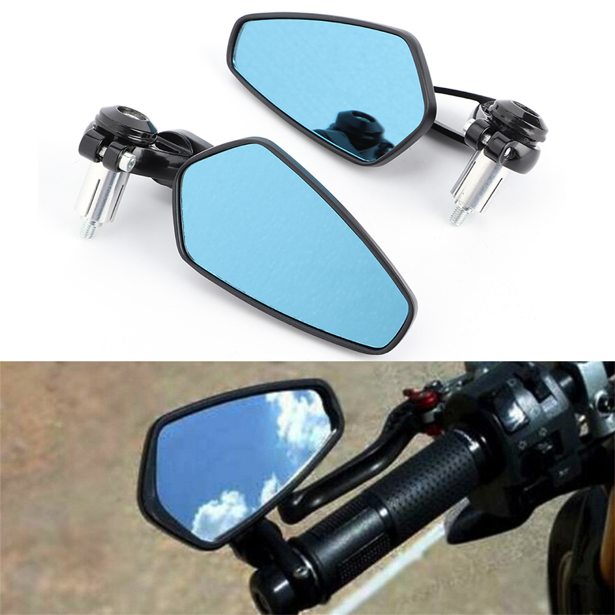 Zwei Motorradspiegel, einer montiert und ein Paar. Spiegel sind blau und schwarz.