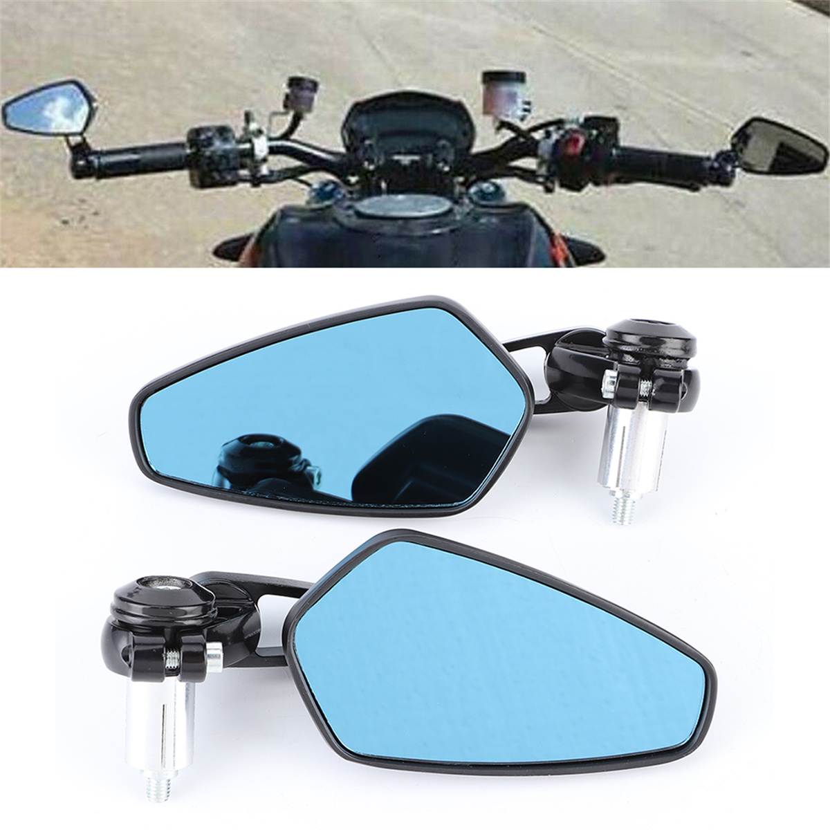 Motorradlenker mit blau getönten Spiegeln. Die Spiegel sind nach außen abgewinkelt.
