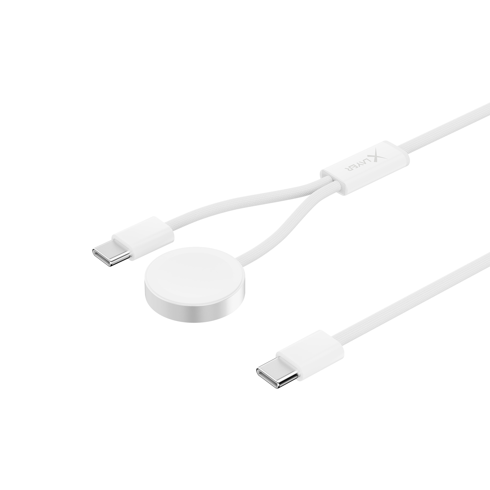 Weißes Ladekabel mit weißer Ladescheibe und zwei USB-C-Anschlüssen.