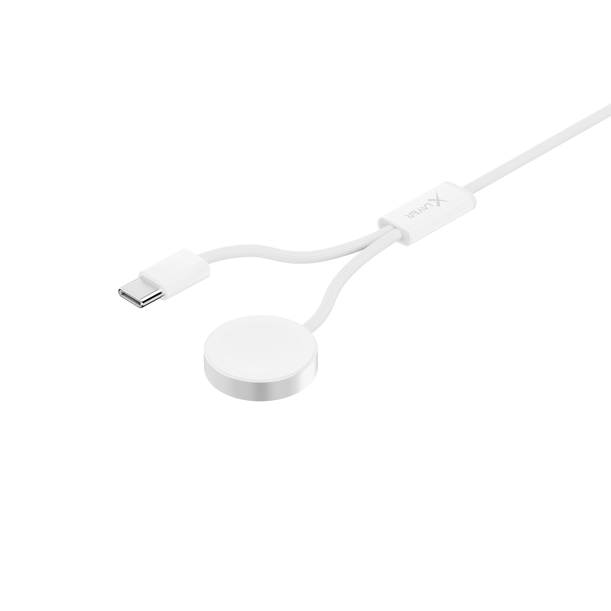 Ein weißes Ladekabel mit USB-C-Anschluss und einem Ladepad für eine Uhr.