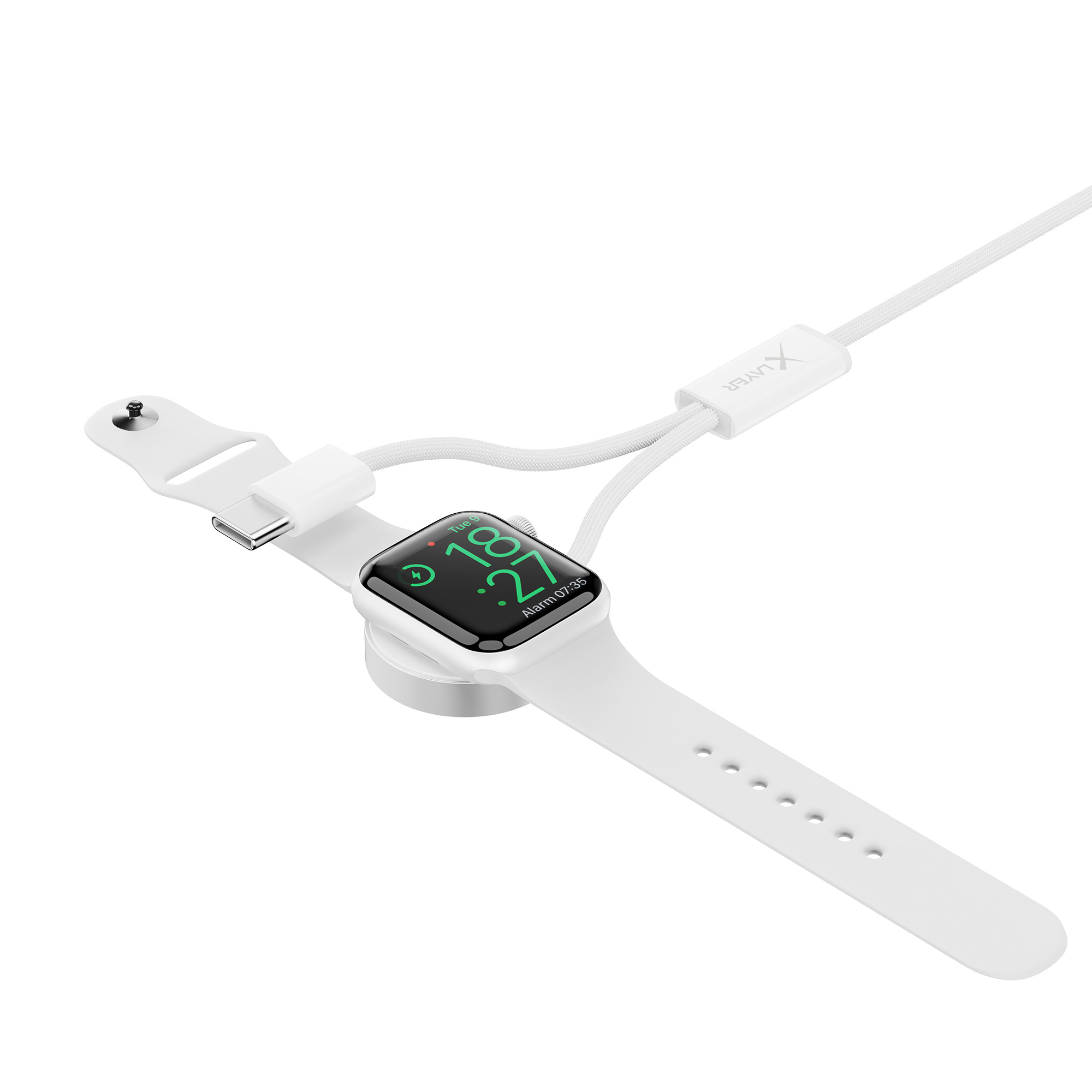 Weiße Apple Watch mit weißem Ladekabel.