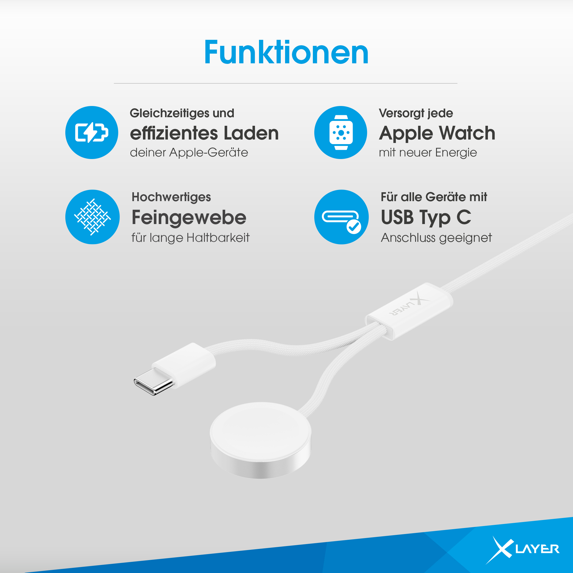 Ein weißes und blaues Ladekabel für Apple-Geräte mit Symbolen, die das Aufladen und die USB-Typ-C-Kompatibilität anzeigen.