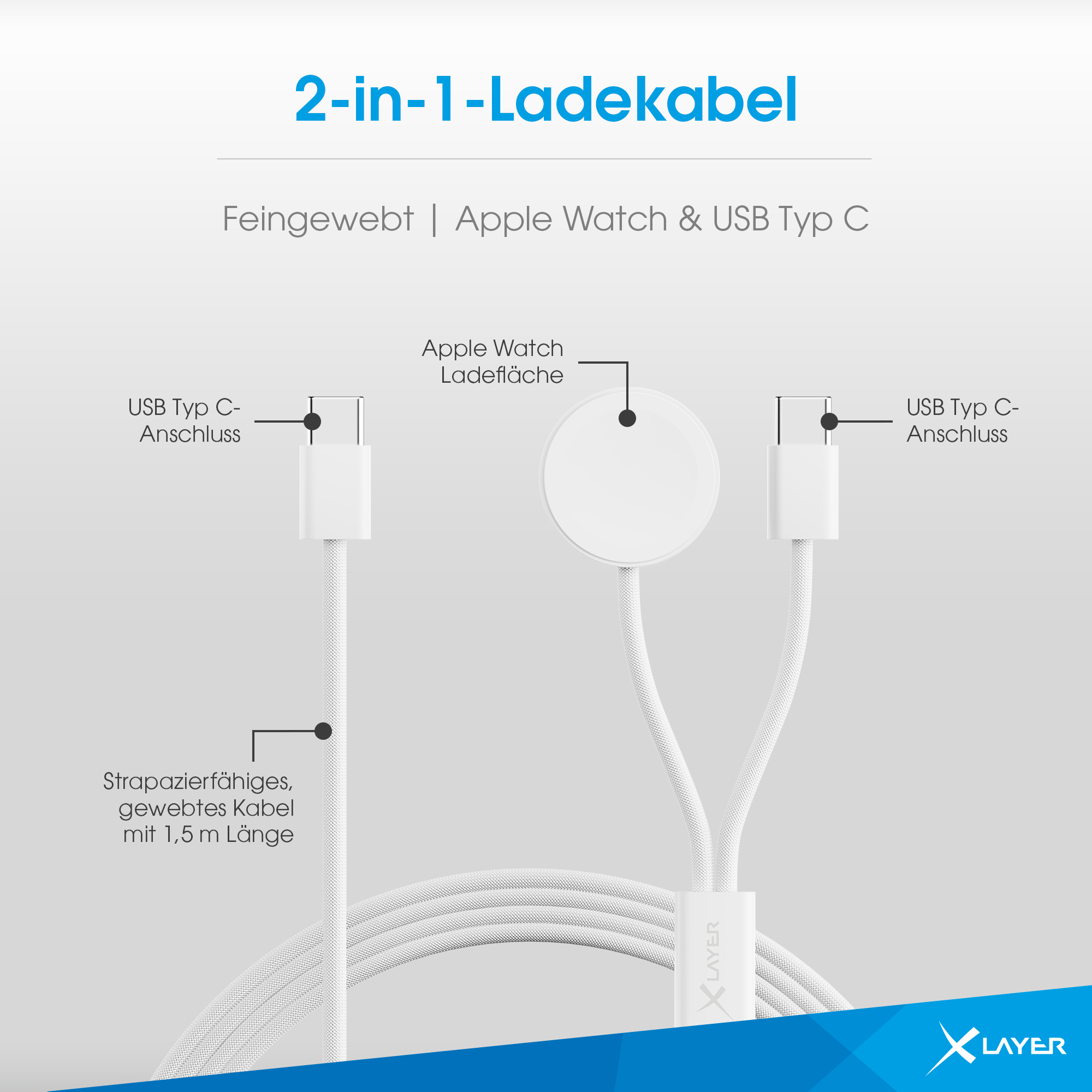 Weißes Ladekabel mit USB-C- und Apple Watch-Ladeanschlüssen.