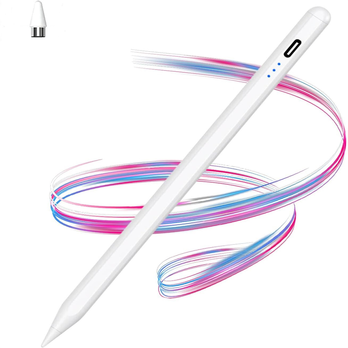 Weißer Eingabestift mit austauschbarer Spitze und einem bunten, wirbelnden Hintergrund.