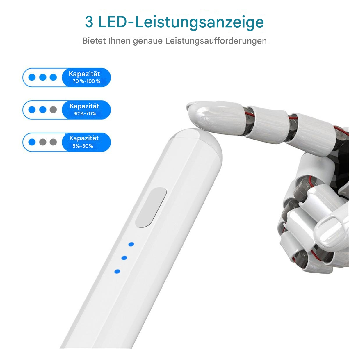 Stift mit 3 LED-Anzeigen und Roboterhand, die darauf zeigt, vor weißem Hintergrund.