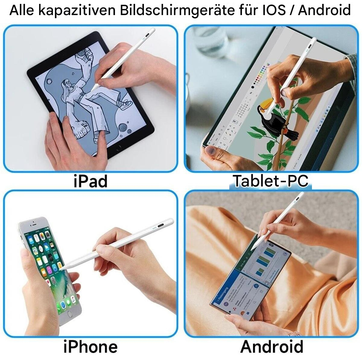Vier Bilder: iPad, Tablet-PC, iPhone, Android, jeweils mit einem Stift, der mit dem Bildschirm interagiert.