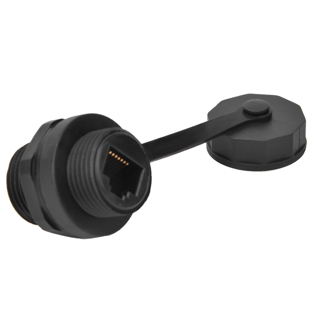 Schwarzer wasserdichter RJ45-Stecker mit angebrachter Kappe. Weißer Hintergrund.