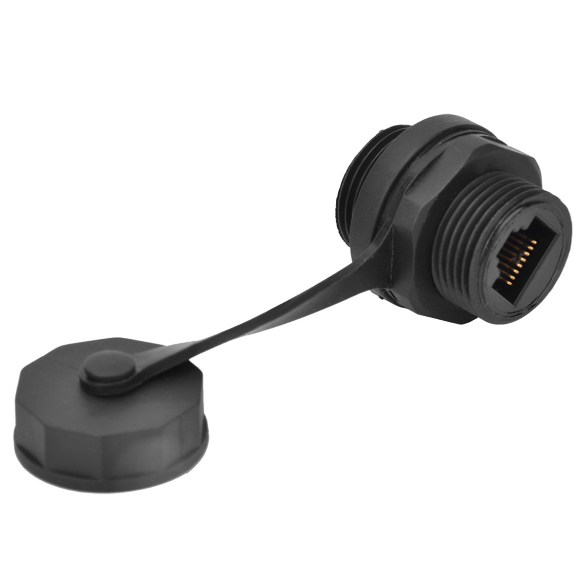 Schwarzer wasserdichter RJ45-Stecker mit Kappe und flexibler Abdeckung, schräge Ansicht.