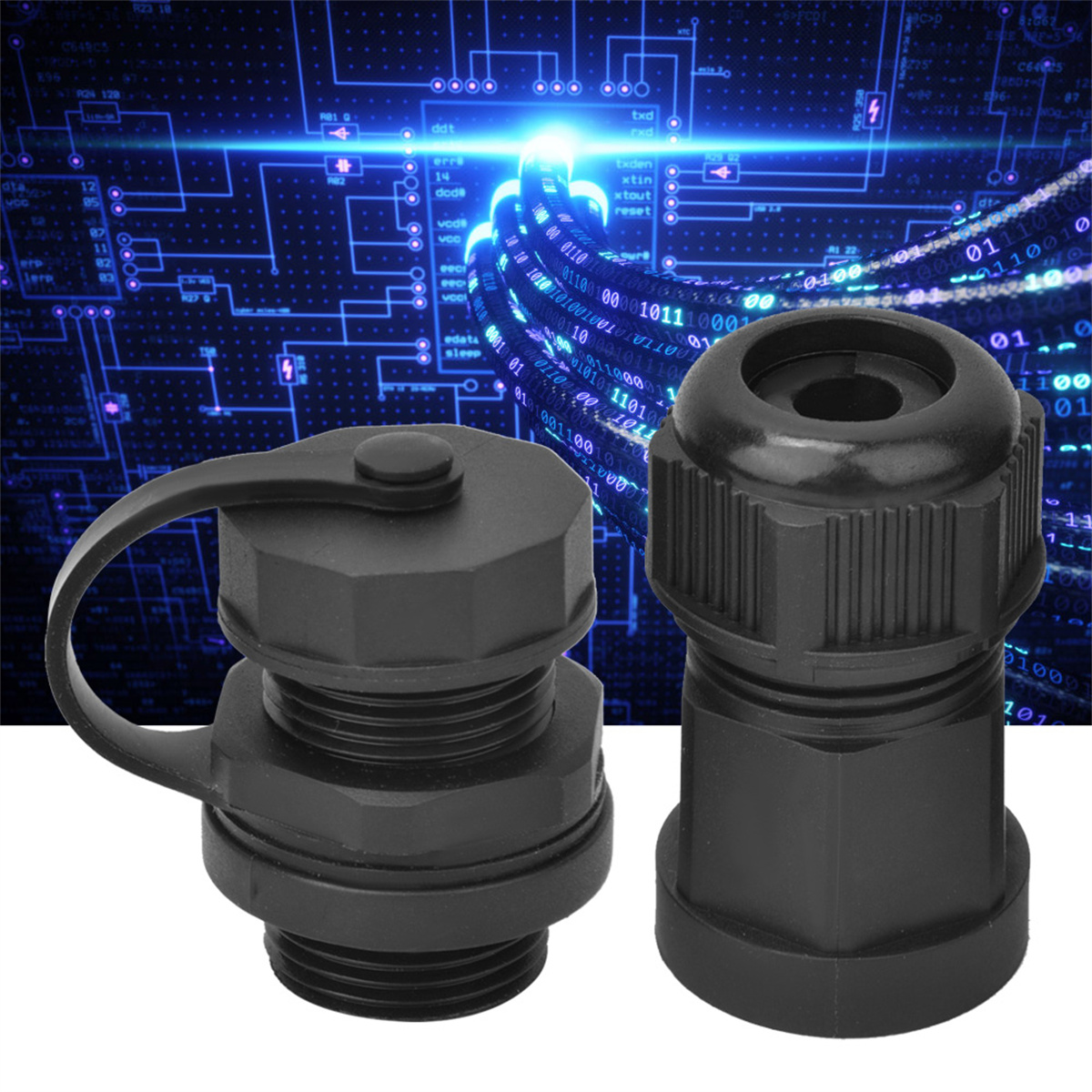 Zwei schwarze Stecker mit Gewinde und Kappe auf blauem Hintergrund.