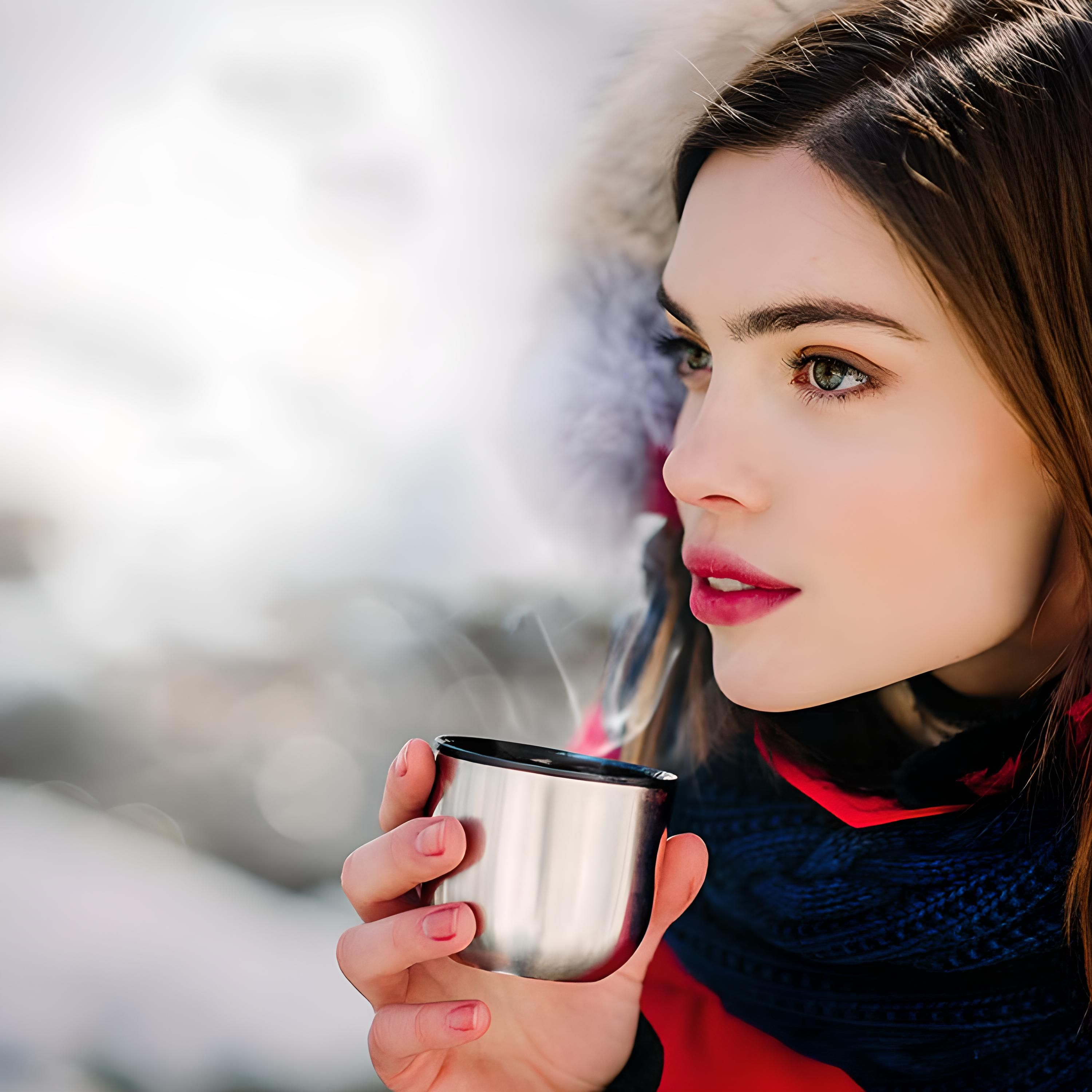 Frau in Winterkleidung hält silberne Tasse mit aufsteigendem Dampf.
