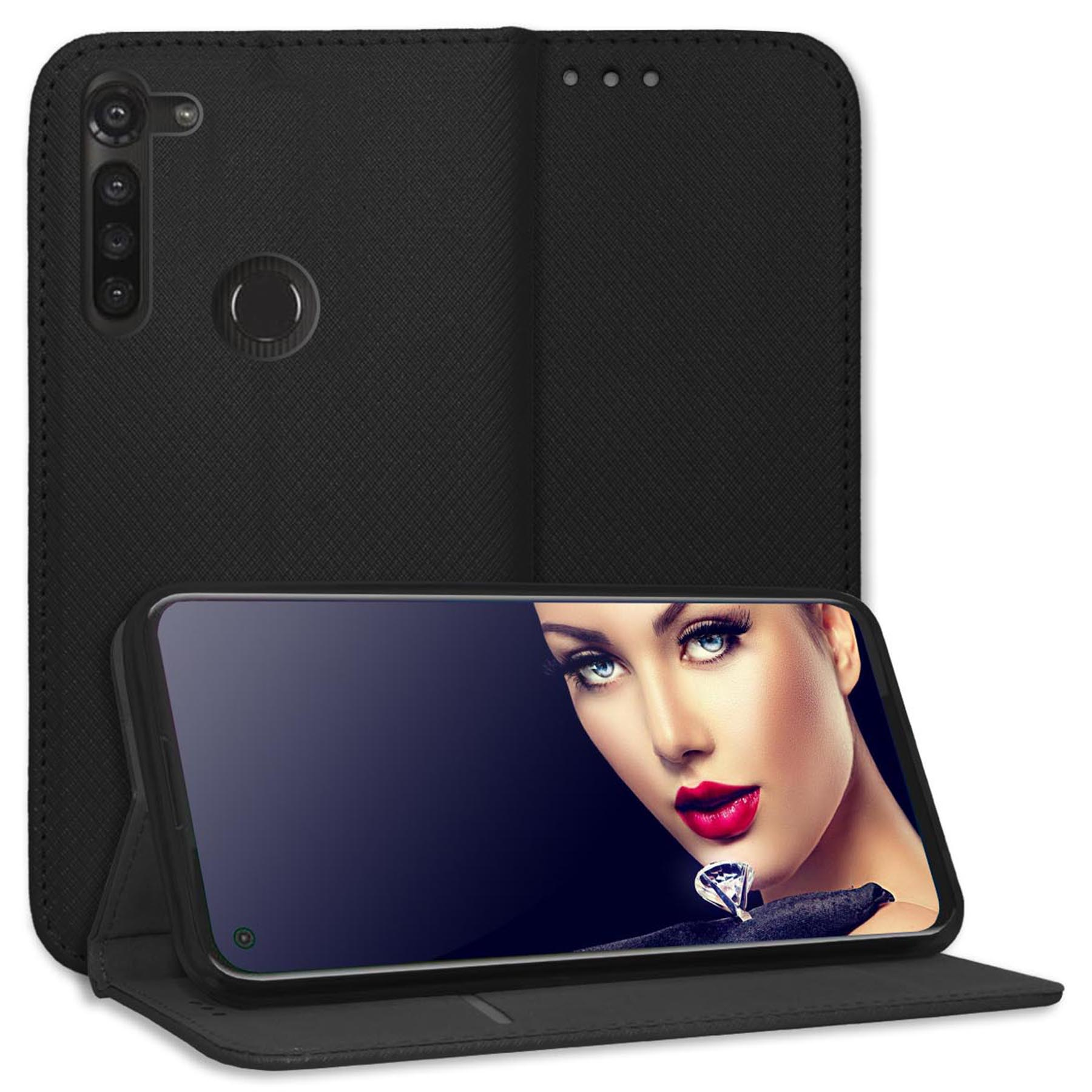Schwarze Handyhülle mit Smartphone, das ein Frauengesicht, schwarzen Hintergrund und Diamanten zeigt.