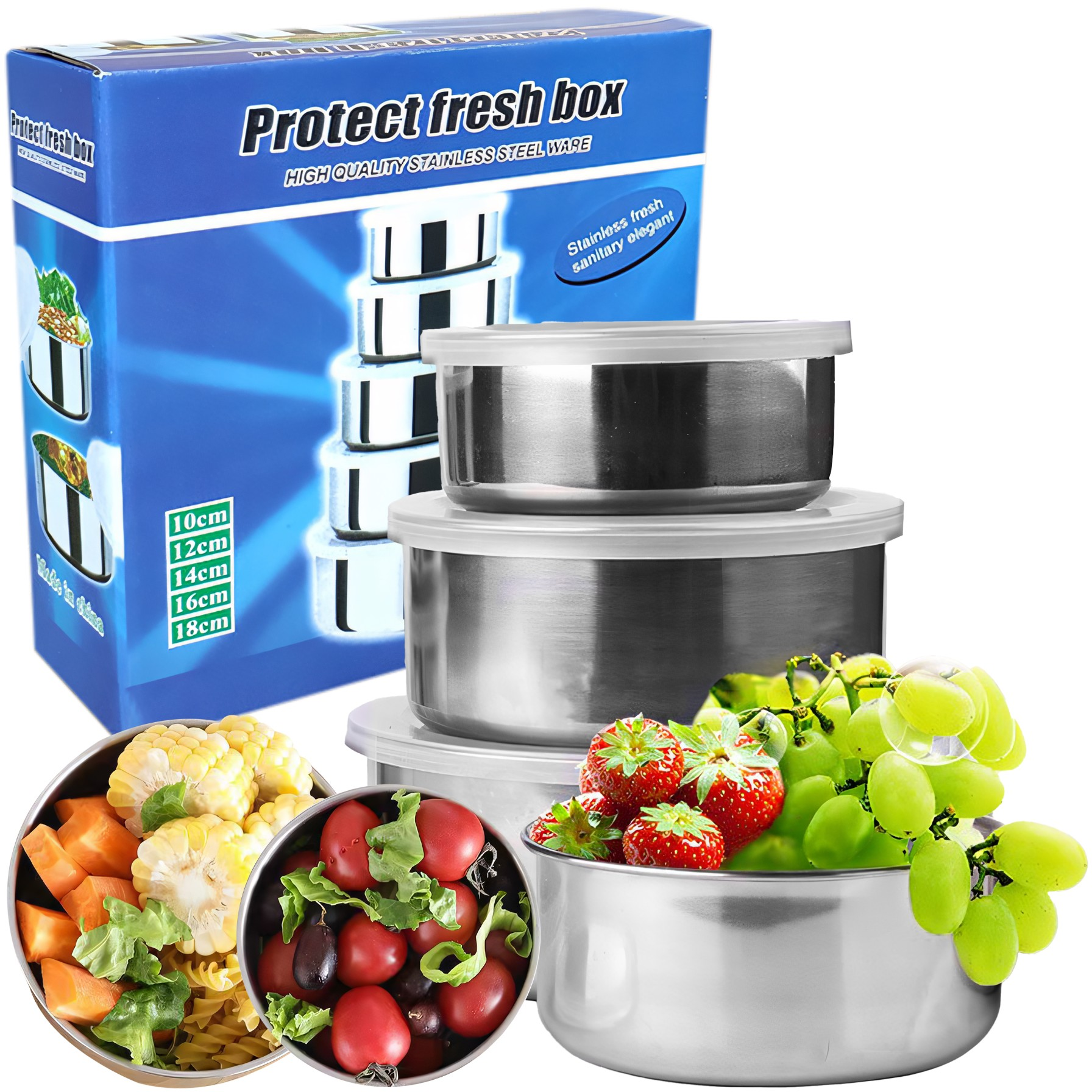 Satz Edelstahl-Lebensmittelbehälter mit Deckeln, mit frischem Gemüse und Obst, in der Nähe einer Produktbox.