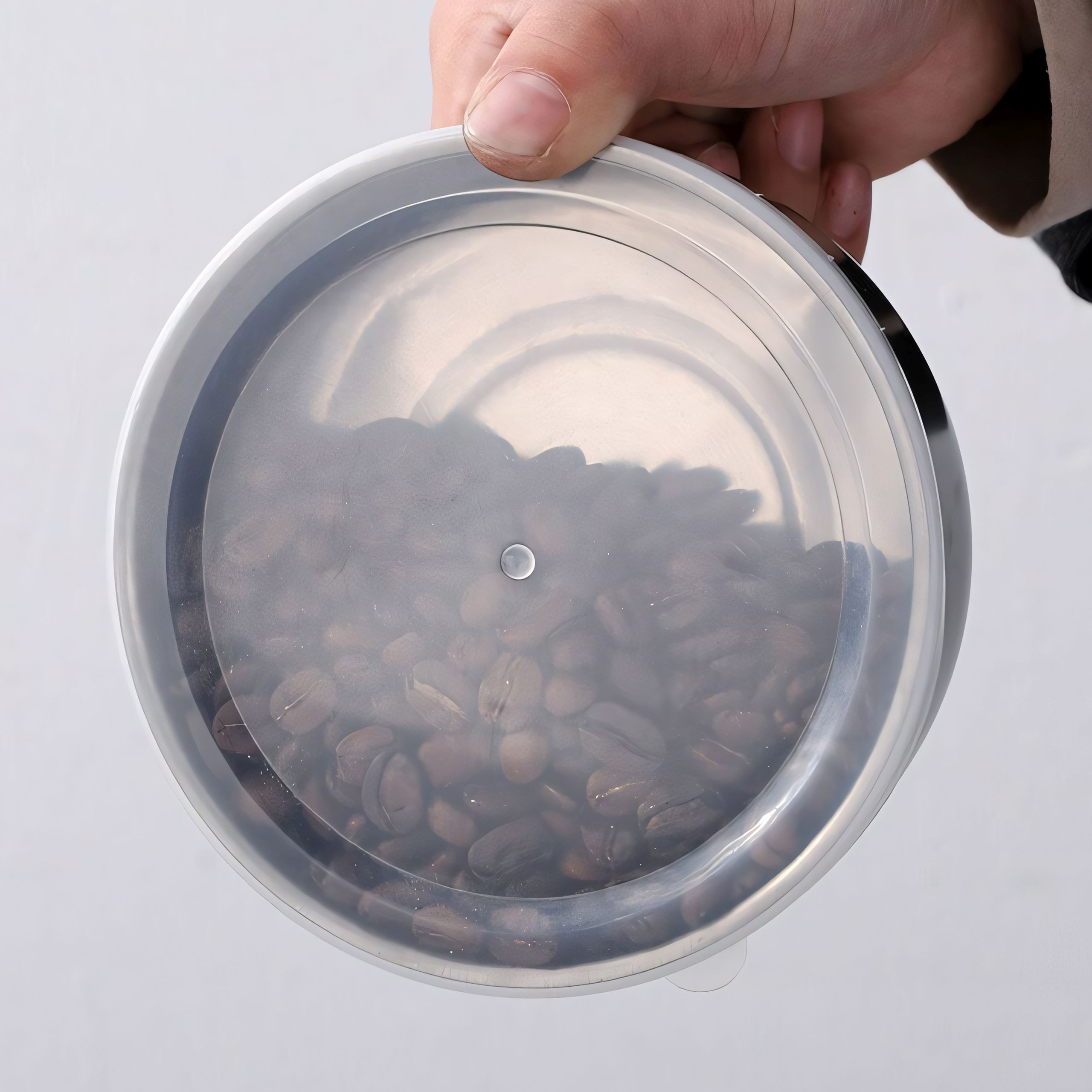 Kaffeebohnen in einem durchsichtigen Behälter mit weißem Deckel, Draufsicht.